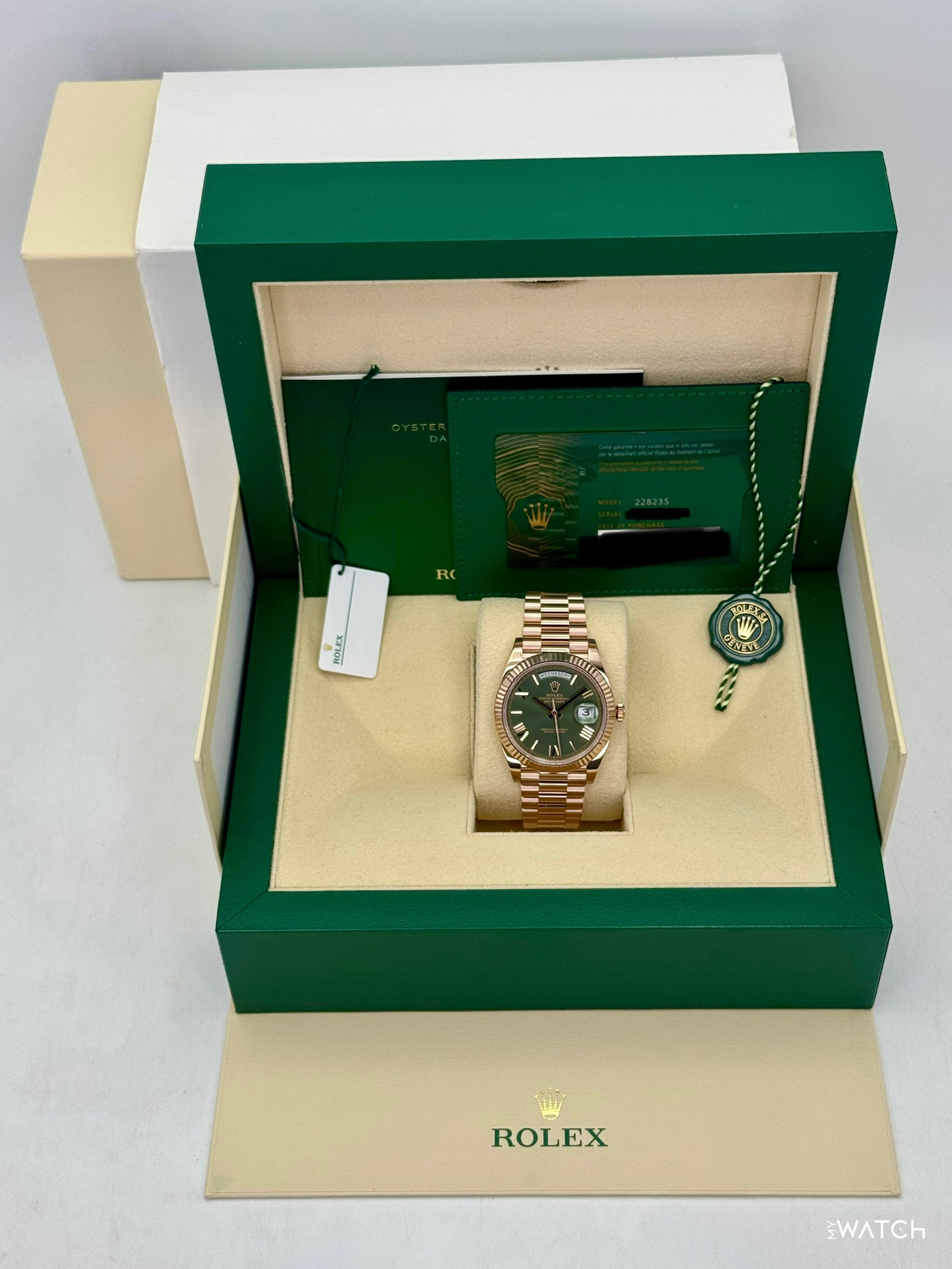 2025 Rolex Day-Date 40mm 228235 Presidential Rose Gold Olive Dial - MyWatchLLC