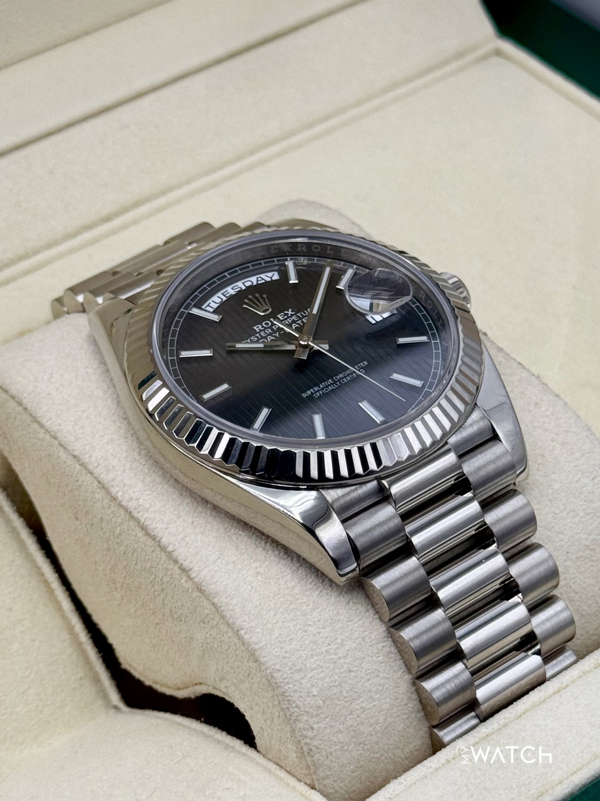 2020 Rolex Day-Date 40mm 228239 White Gold Rhodium Motif Dial - MyWatchLLC