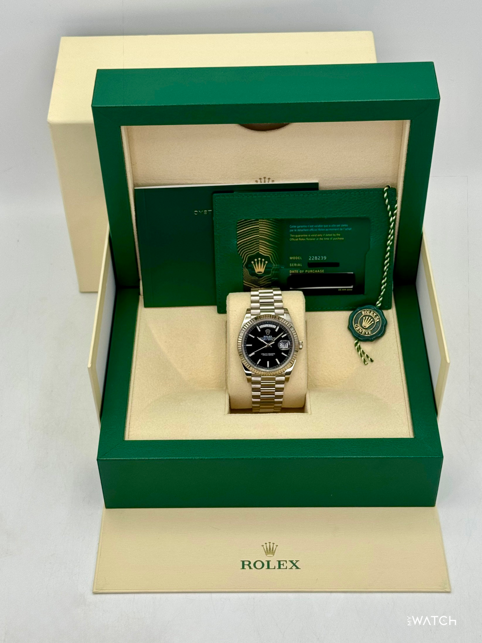 2025 Rolex Day-Date 40mm 228239 Presidential 18kt White Gold Black Dial - MyWatchLLC