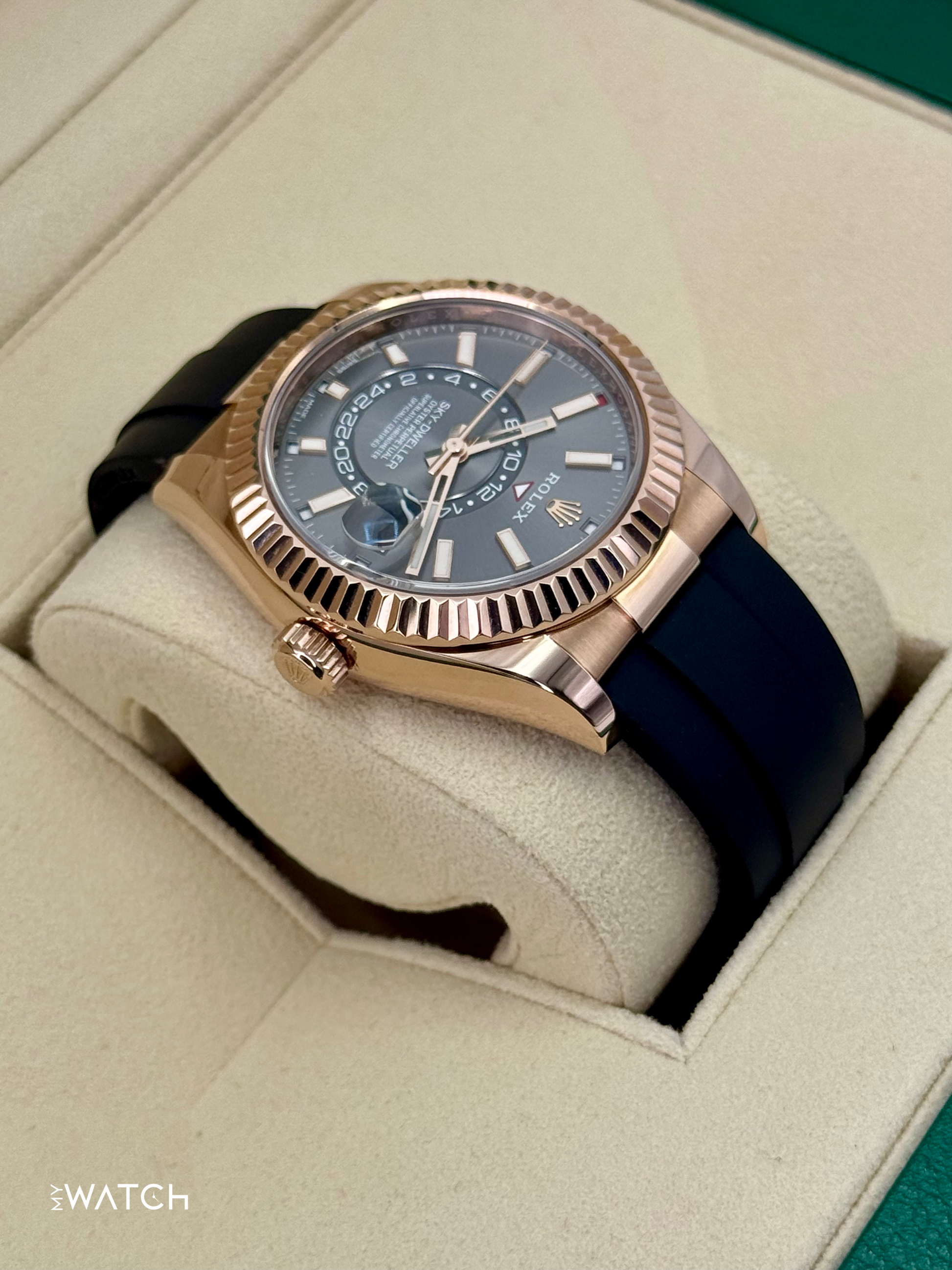 2021 Rolex Sky-Dweller 42mm 326235 Rose Gold Oysterflex Rhodium Dial - MyWatchLLC
