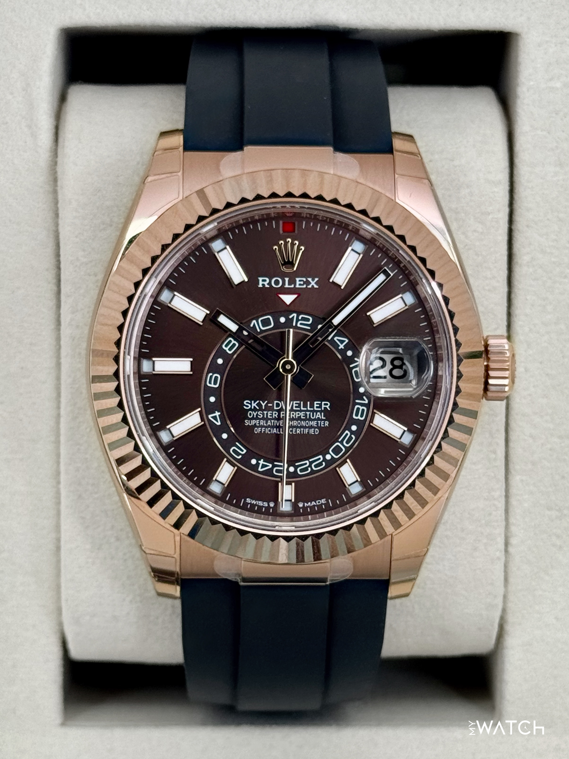 NEW 2026 Rolex Sky-Dweller 42mm 336235 Rose Gold Oysterflex Chocolate Dial (STICKERED) - MyWatchLLC