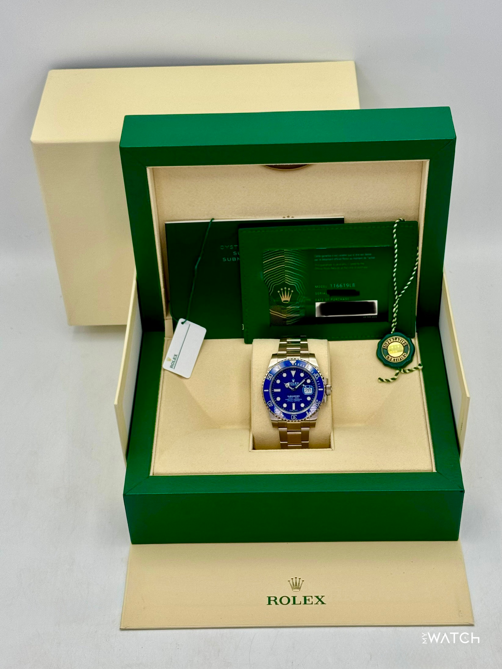 2020 Rolex Submariner "Smurf" 40mm 116619LB White Gold Blue Dial (NFC Card) - MyWatchLLC