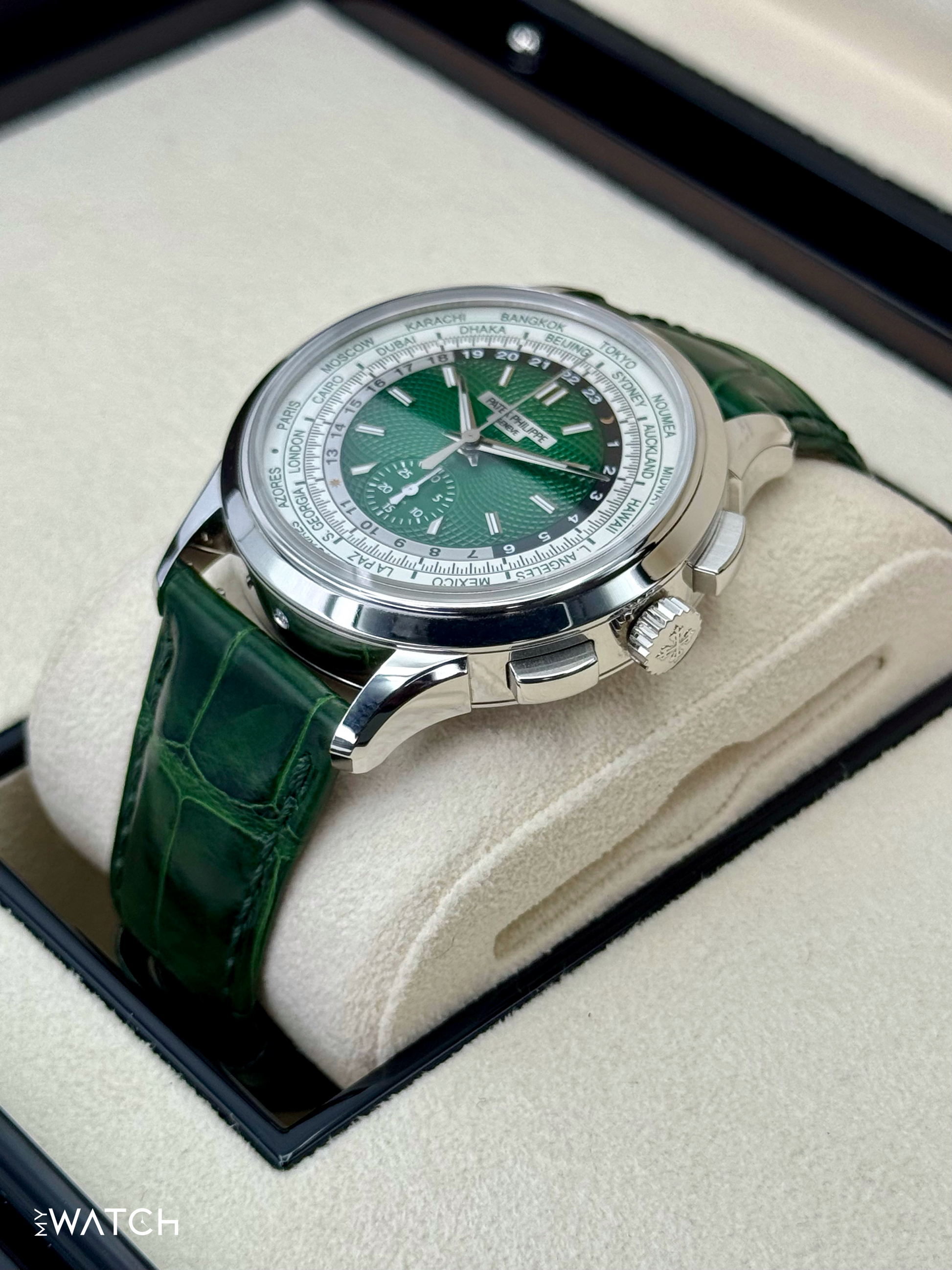 2023 Patek Philippe 5930P World Time Flyback Chronograph Platinum Green Dial - MyWatchLLC