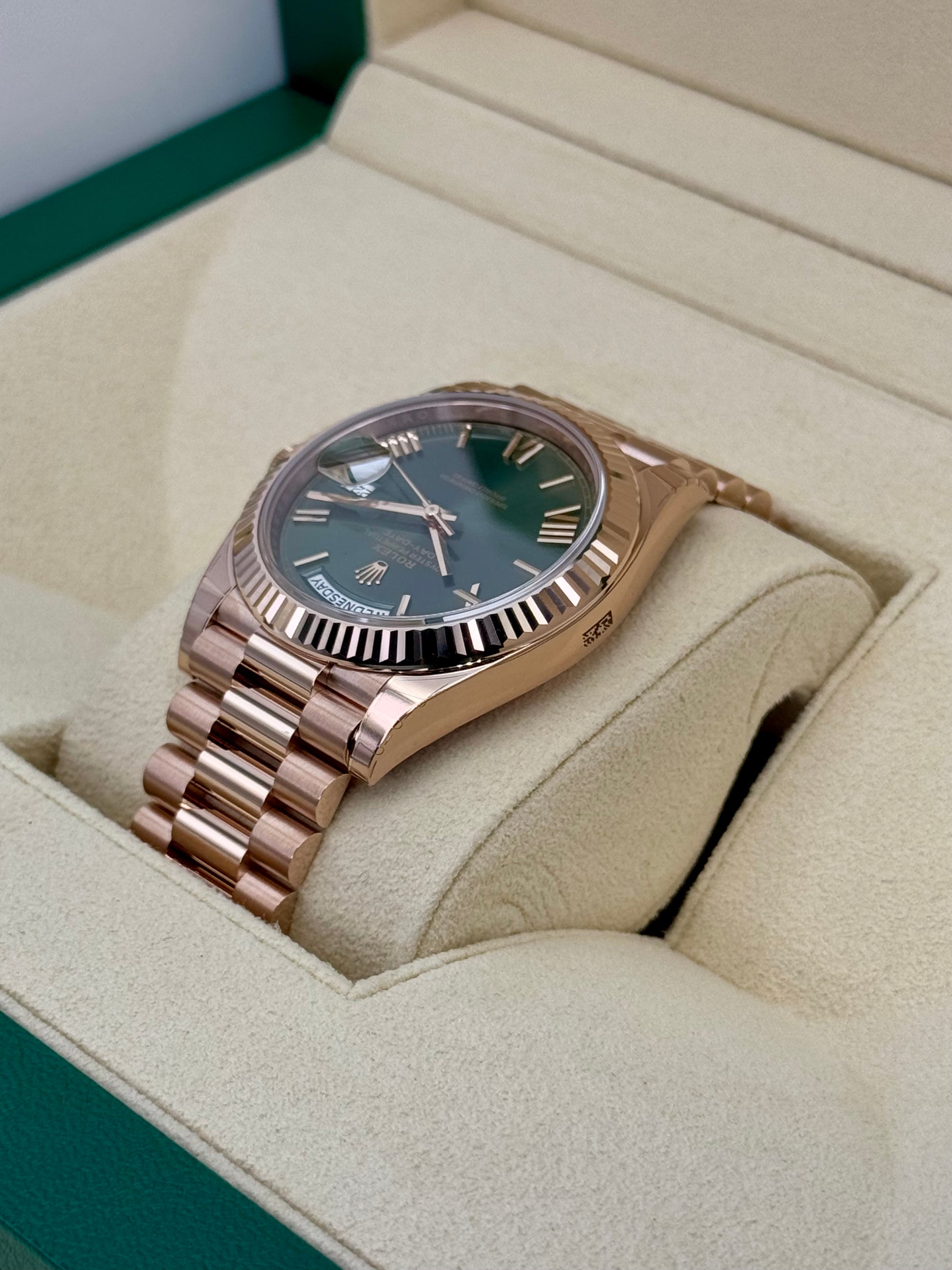 NEW 2025 Rolex Day-Date 40mm 228235 Presidential Rose Gold Olive Dial - MyWatchLLC