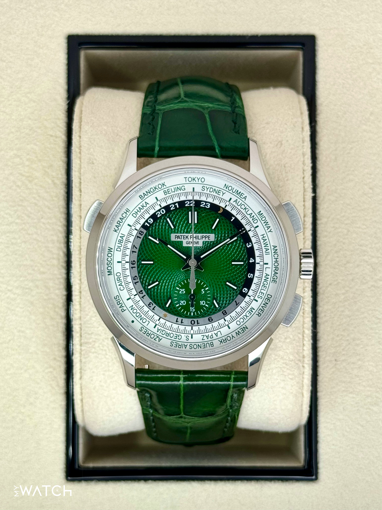 2023 Patek Philippe 5930P World Time Flyback Chronograph Platinum Green Dial - MyWatchLLC