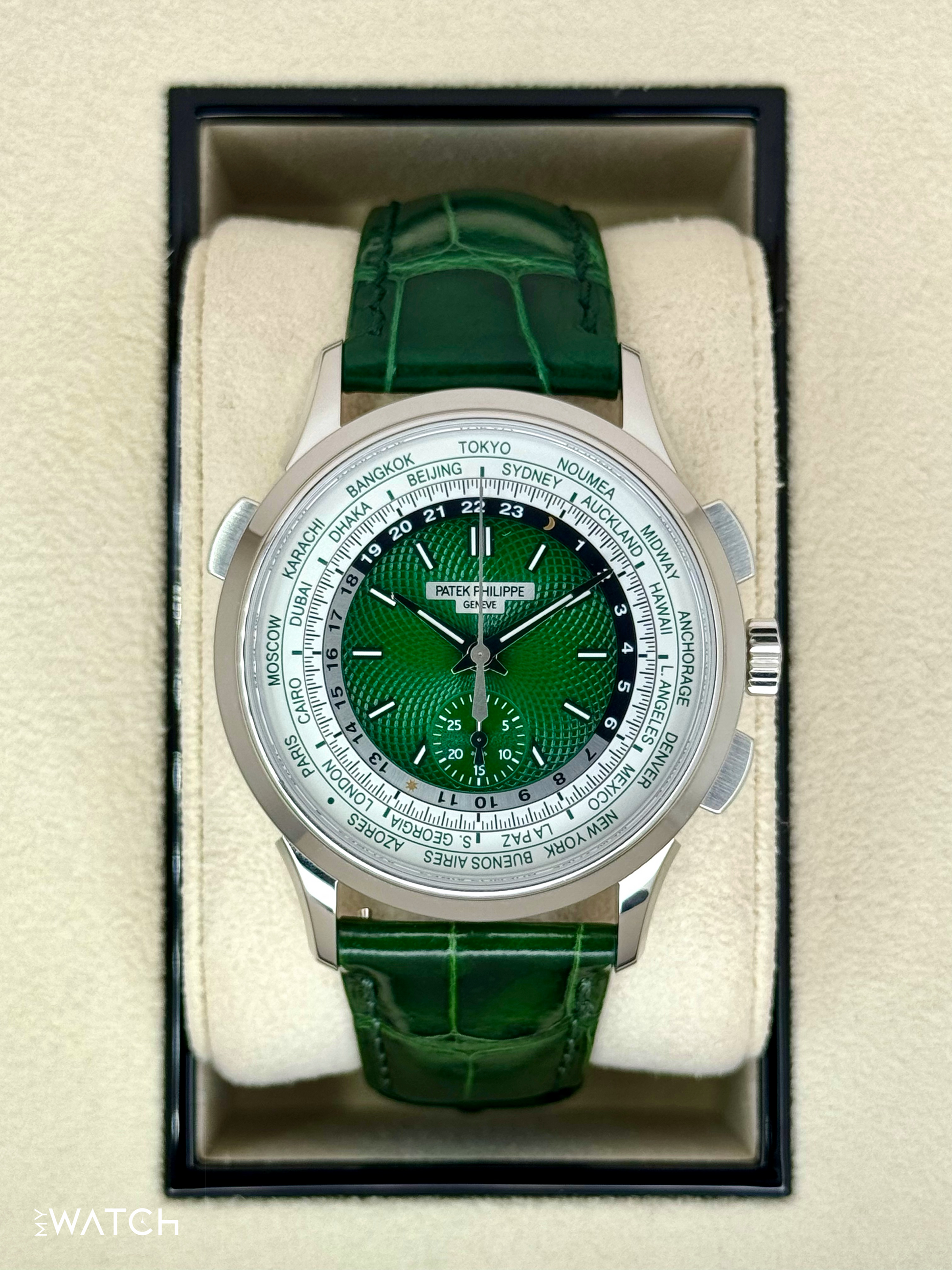 2023 Patek Philippe 5930P World Time Flyback Chronograph Platinum Green Dial - MyWatchLLC
