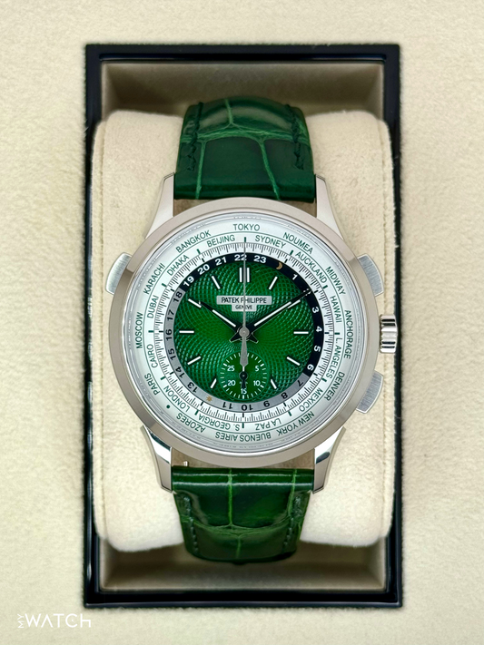 2023 Patek Philippe 5930P World Time Flyback Chronograph Platinum Green Dial - MyWatchLLC