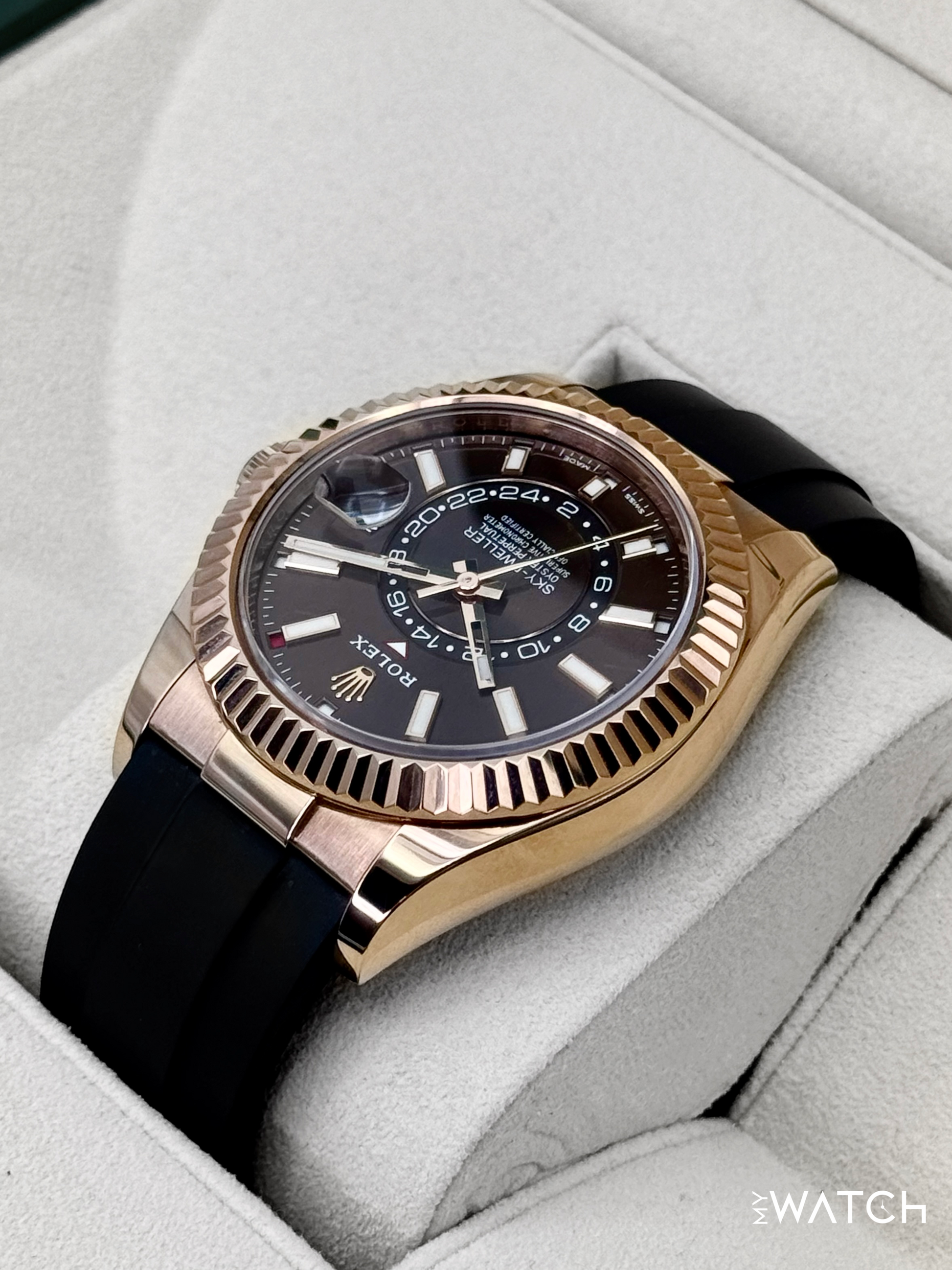 2025 CPO Rolex Sky-Dweller 42mm 326235 Rose Gold Oysterflex Chocolate Dial (CPO) - MyWatchLLC
