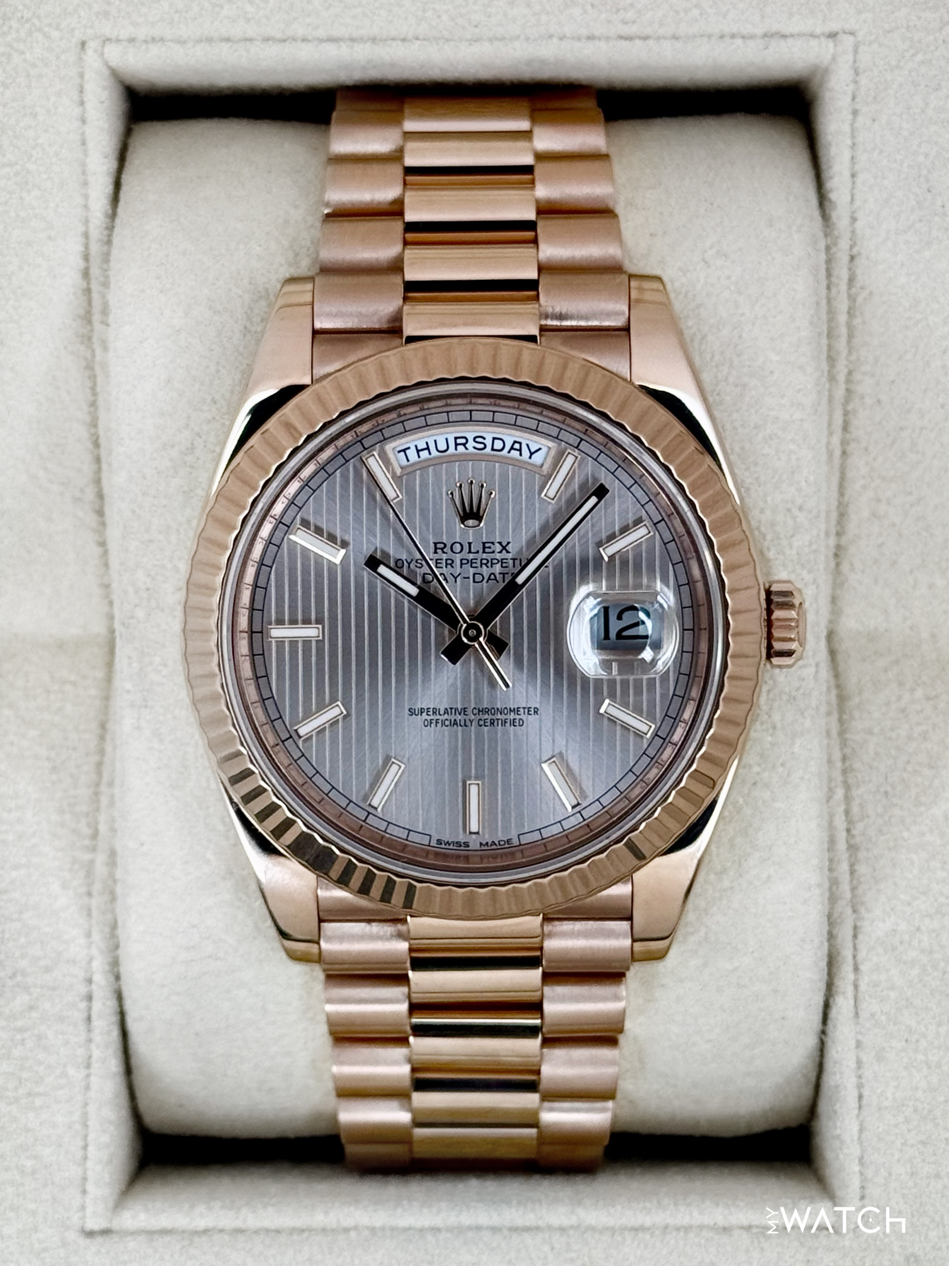 2018 Rolex Day-Date 40mm 228235 Presidential Rose Gold Sundust Stripe Motif Dial - MyWatchLLC