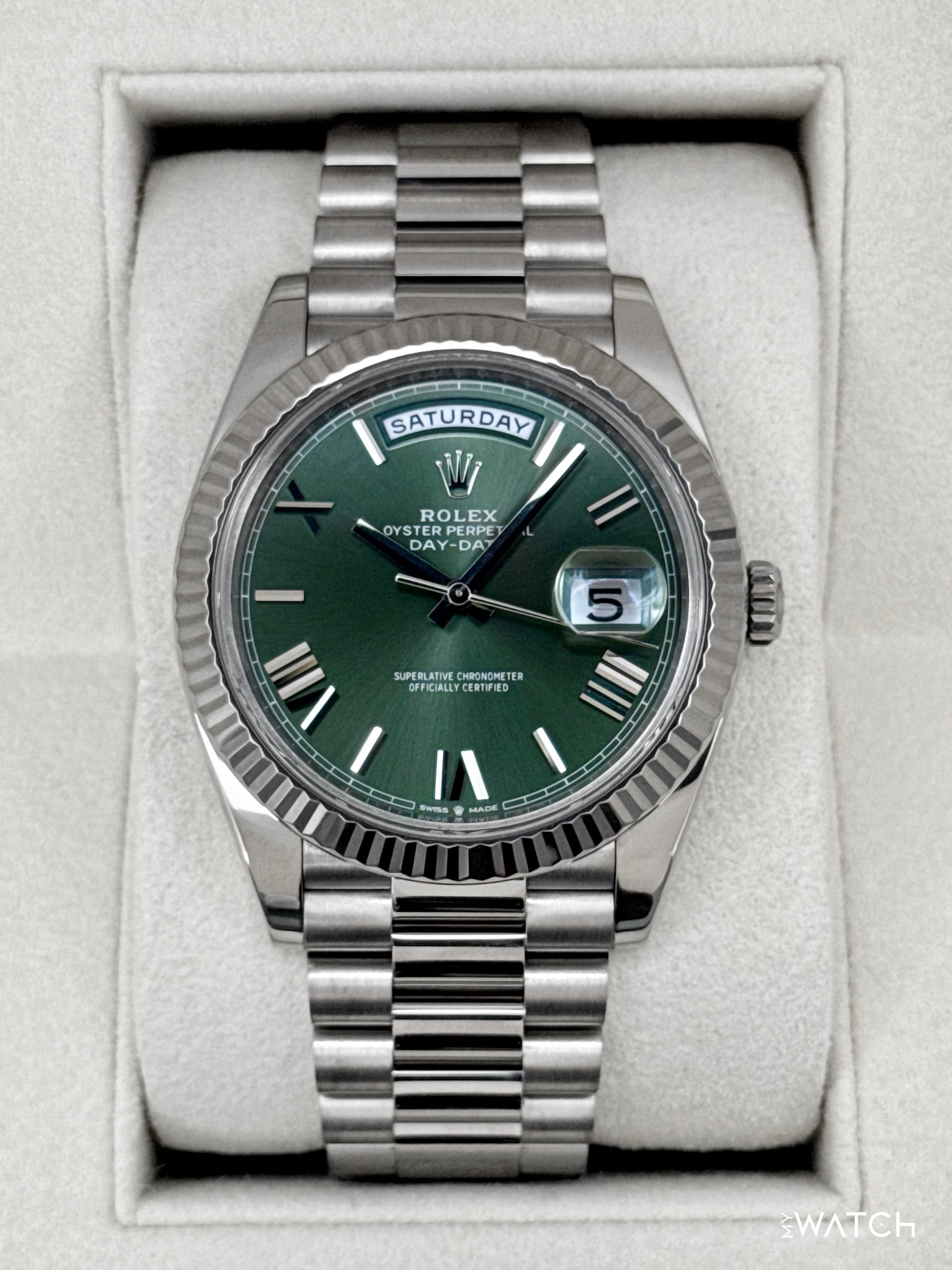 2022 Rolex Day-Date 40mm 228239 Presidential 18kt White Gold Olive Dial - MyWatchLLC