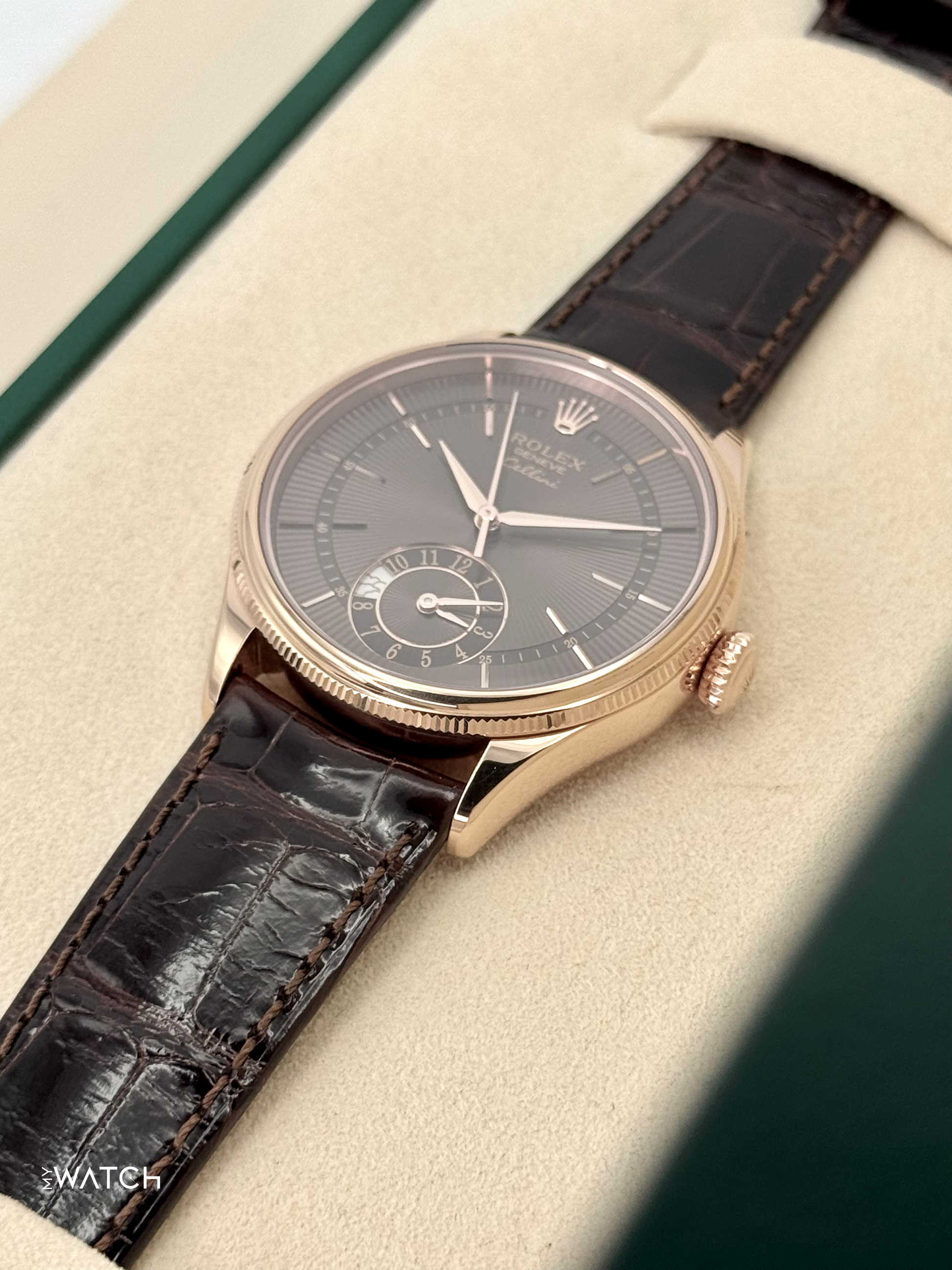 2020 Rolex Cellini Dual Time 39mm 50525 Rose Gold Brown Dial - MyWatchLLC