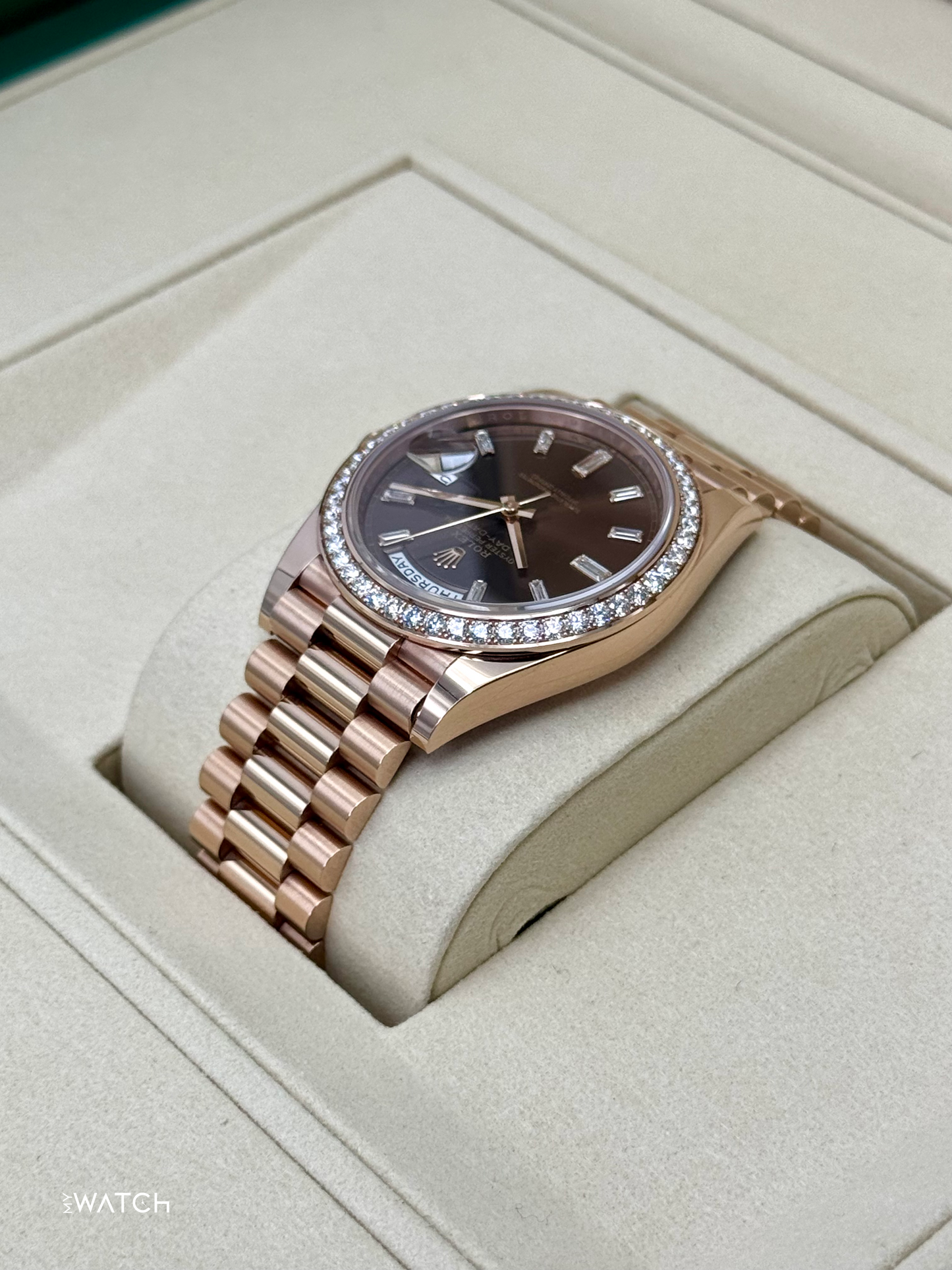 2025 Rolex Day-Date 40mm 228345RBR Rose Gold Chocolate Diamond Dial