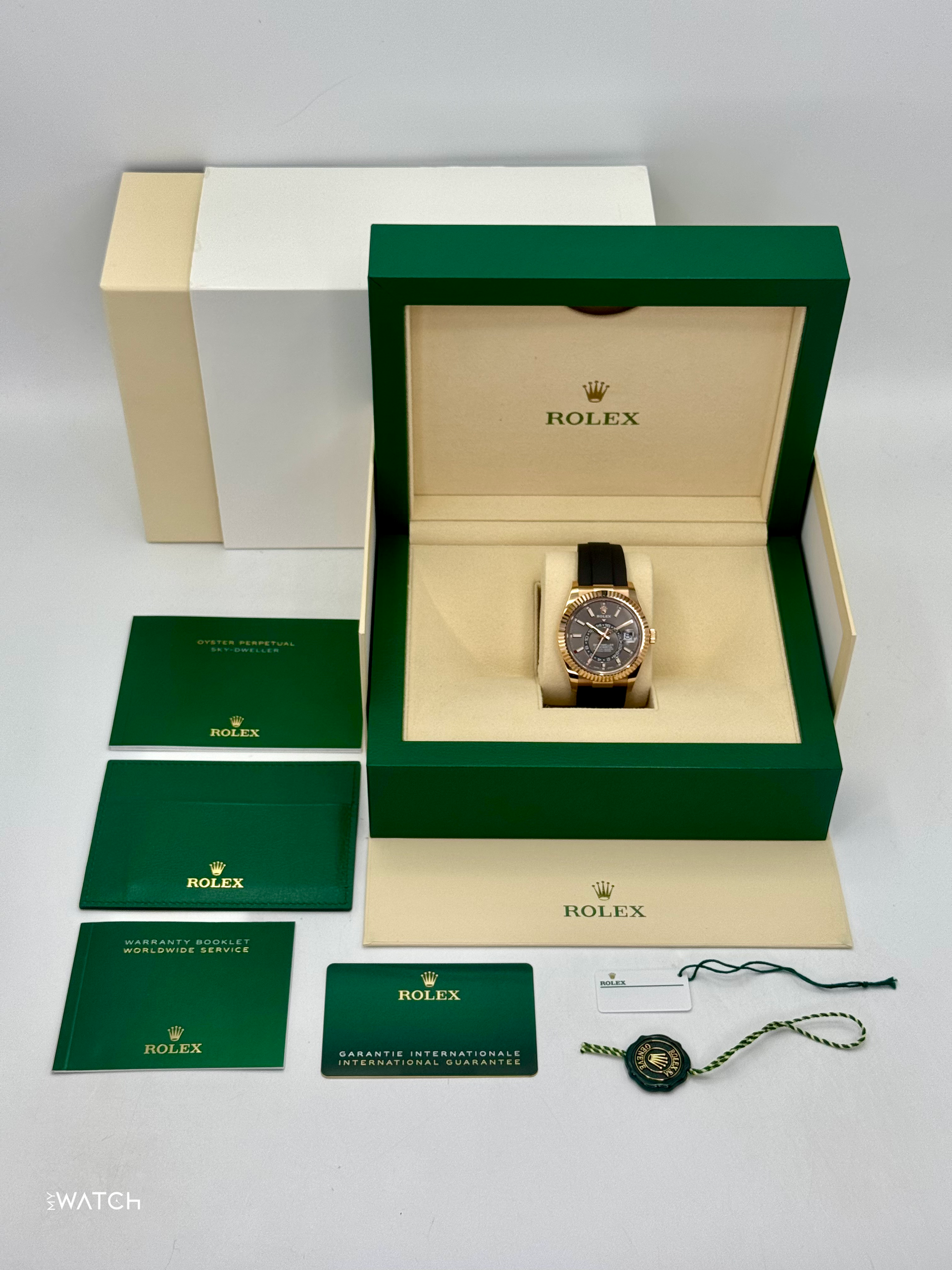 2022 Rolex Sky-Dweller 42mm 326235 Rose Gold Oysterflex Rhodium Dial - MyWatchLLC