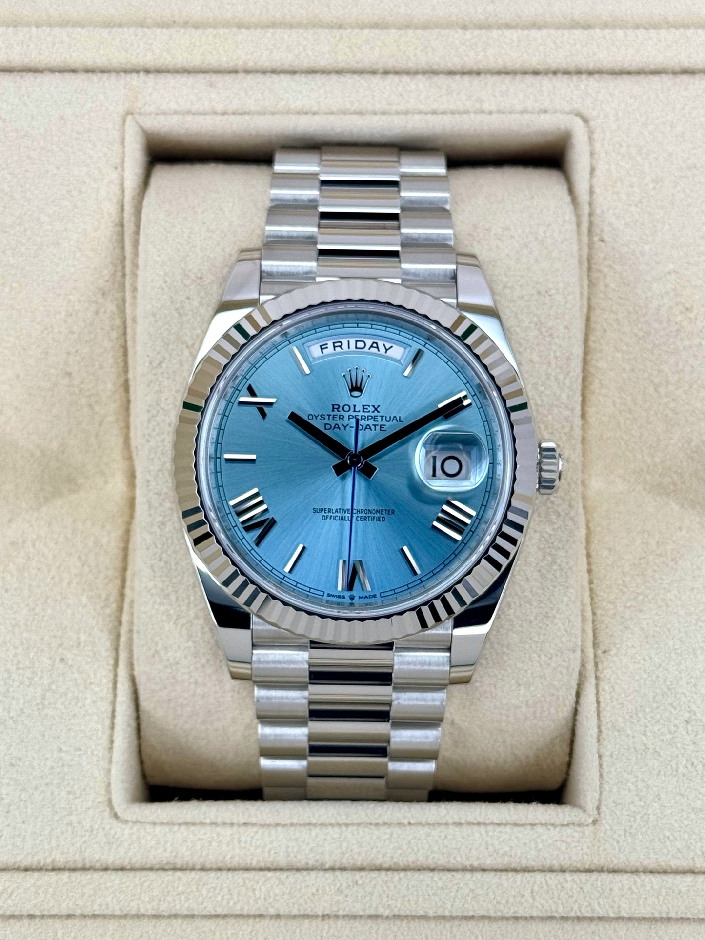 NEW 2024 Rolex Day-Date Platinum 40mm 228236 Ice-Blue Roman Dial - MyWatchLLC