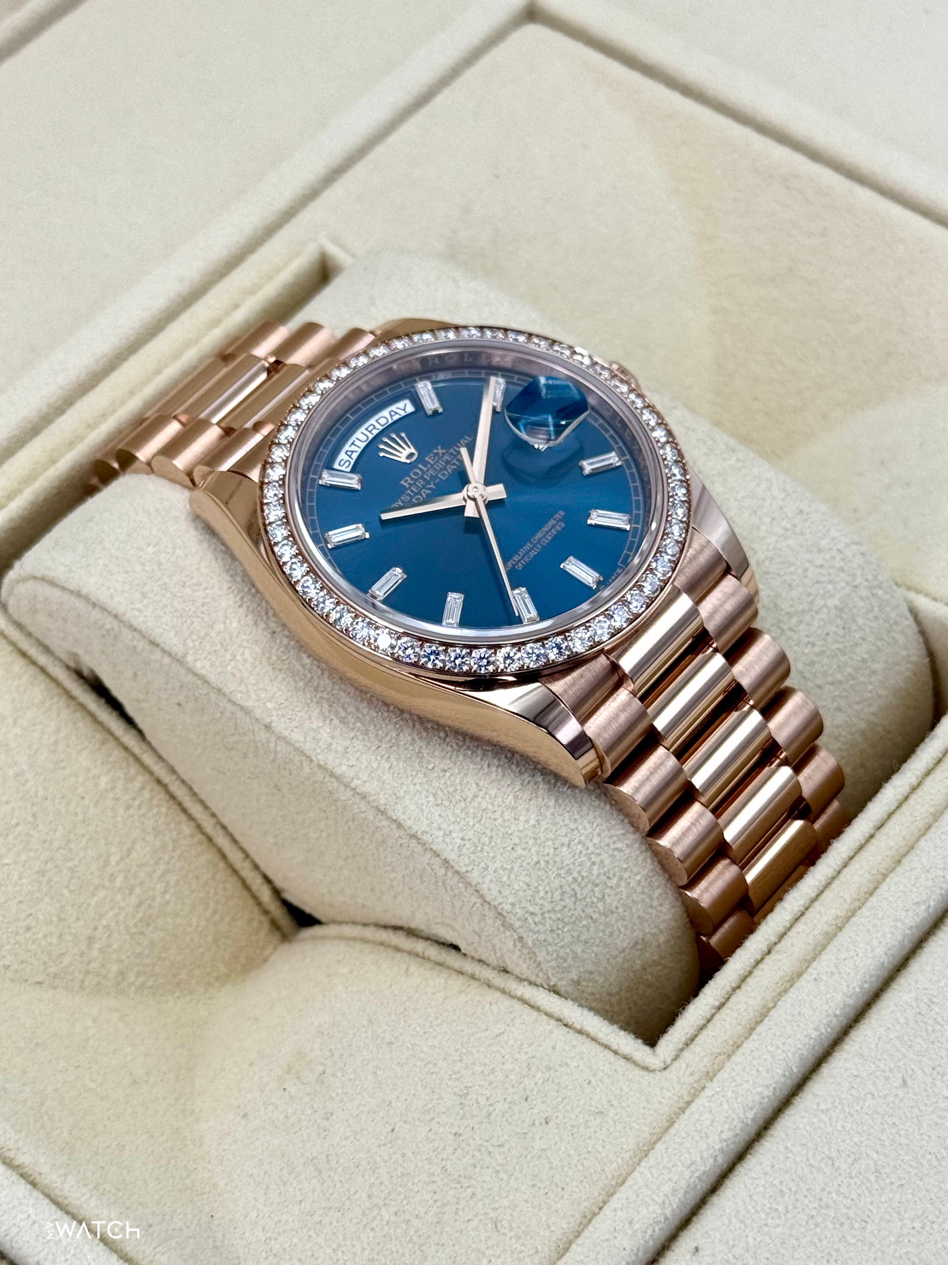 NEW 2025 Rolex Day-Date 36mm 128345RBR Rose Gold Blue Baguette Dial - MyWatchLLC
