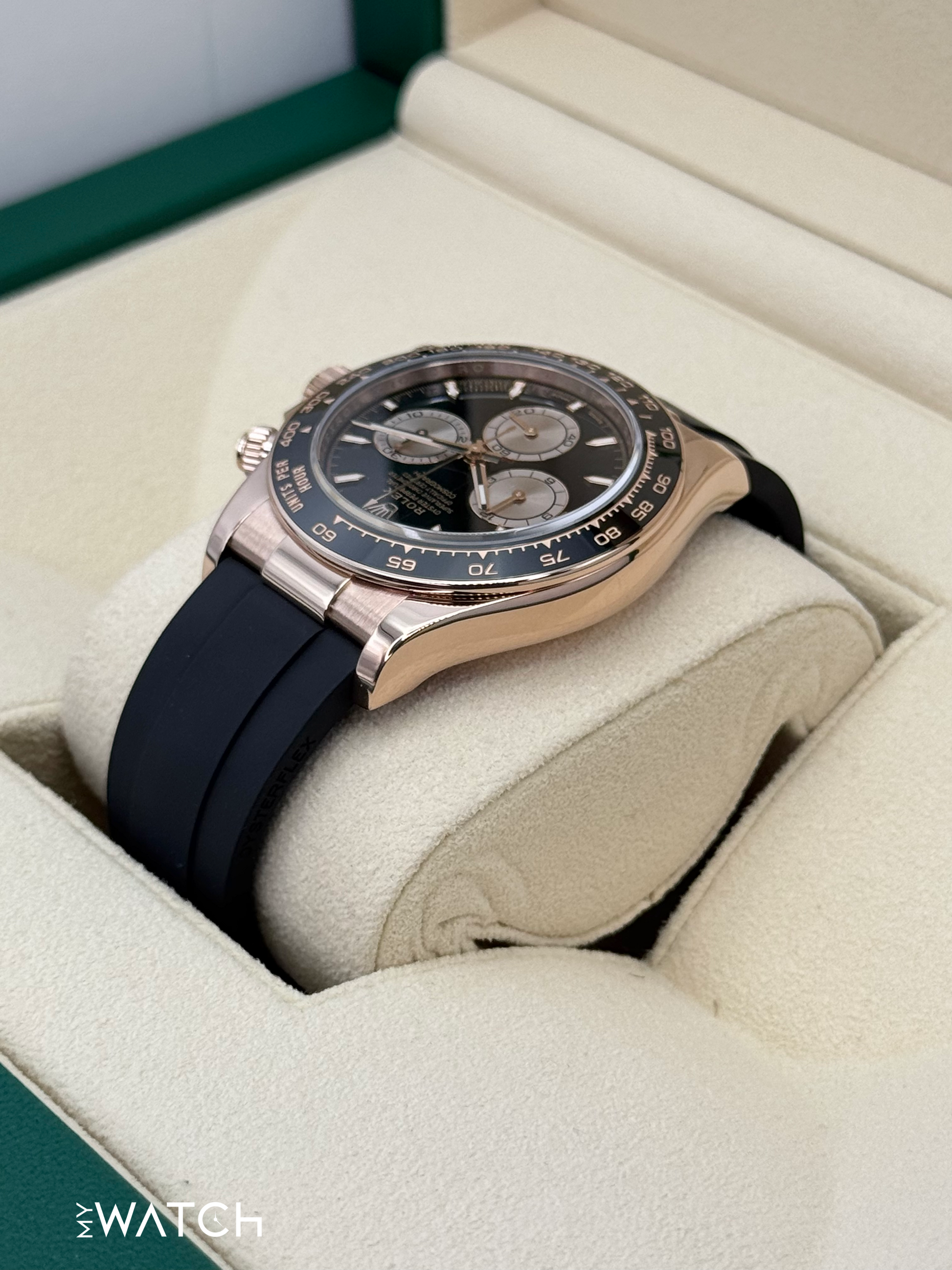 2024 Rolex Daytona 40mm 126515LN Rose Gold Oysterflex Black Dial - MyWatchLLC