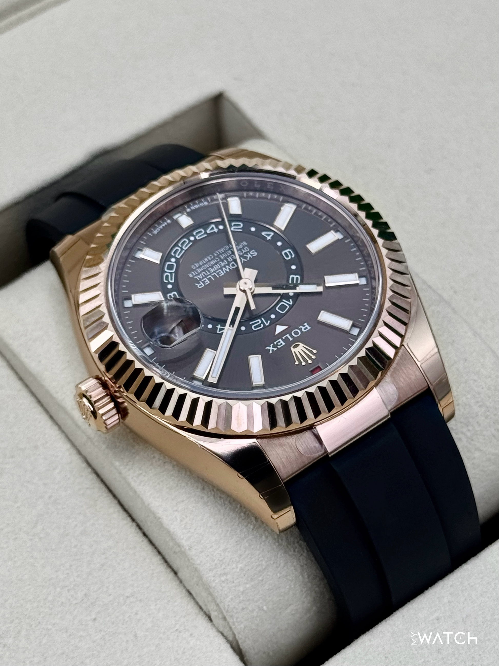 NEW 2026 Rolex Sky-Dweller 42mm 336235 Rose Gold Oysterflex Chocolate Dial (STICKERED) - MyWatchLLC