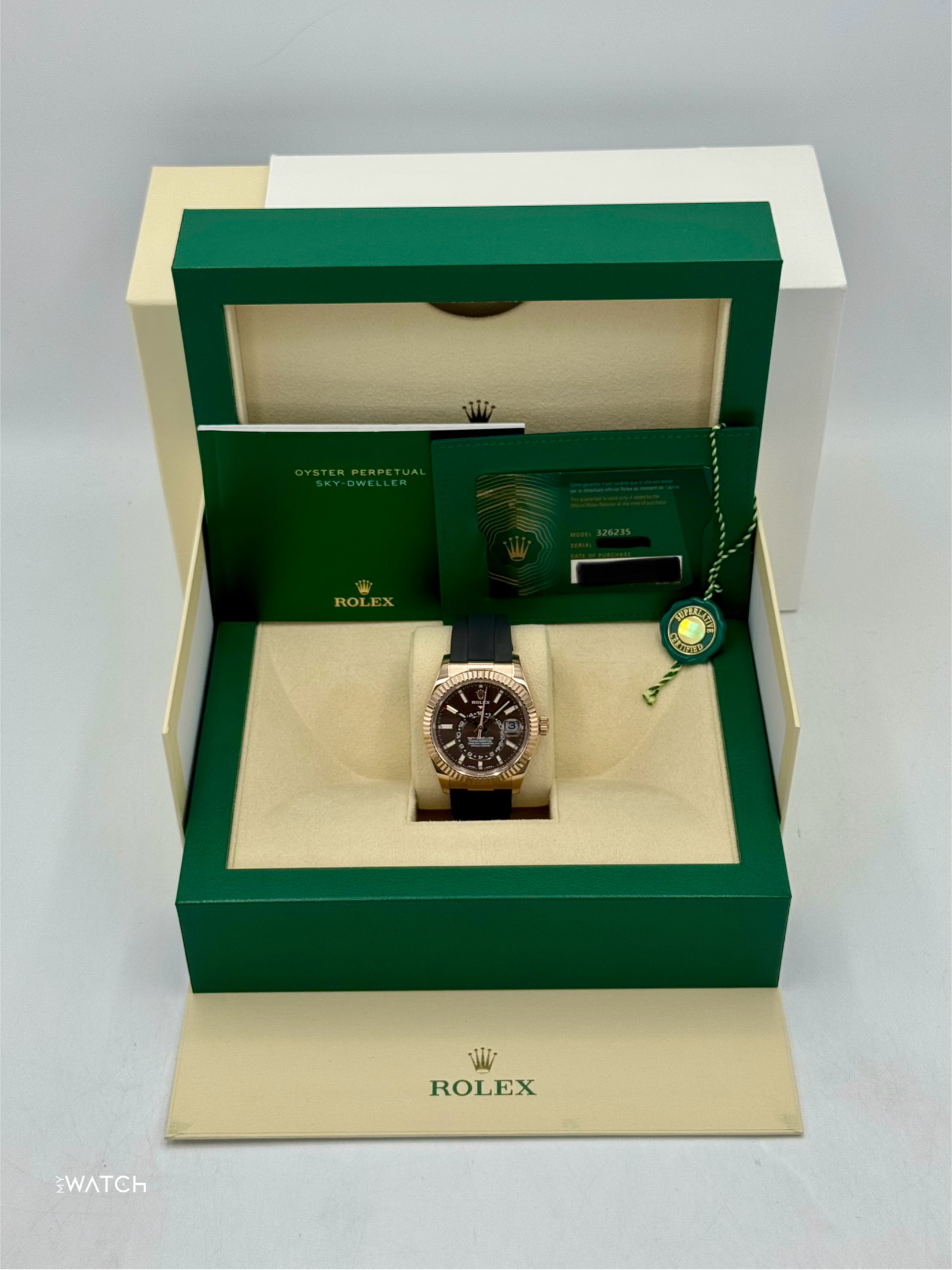 2022 Rolex Sky-Dweller 42mm 326935 Rose Gold Oysterflex Chocolate Dial - MyWatchLLC