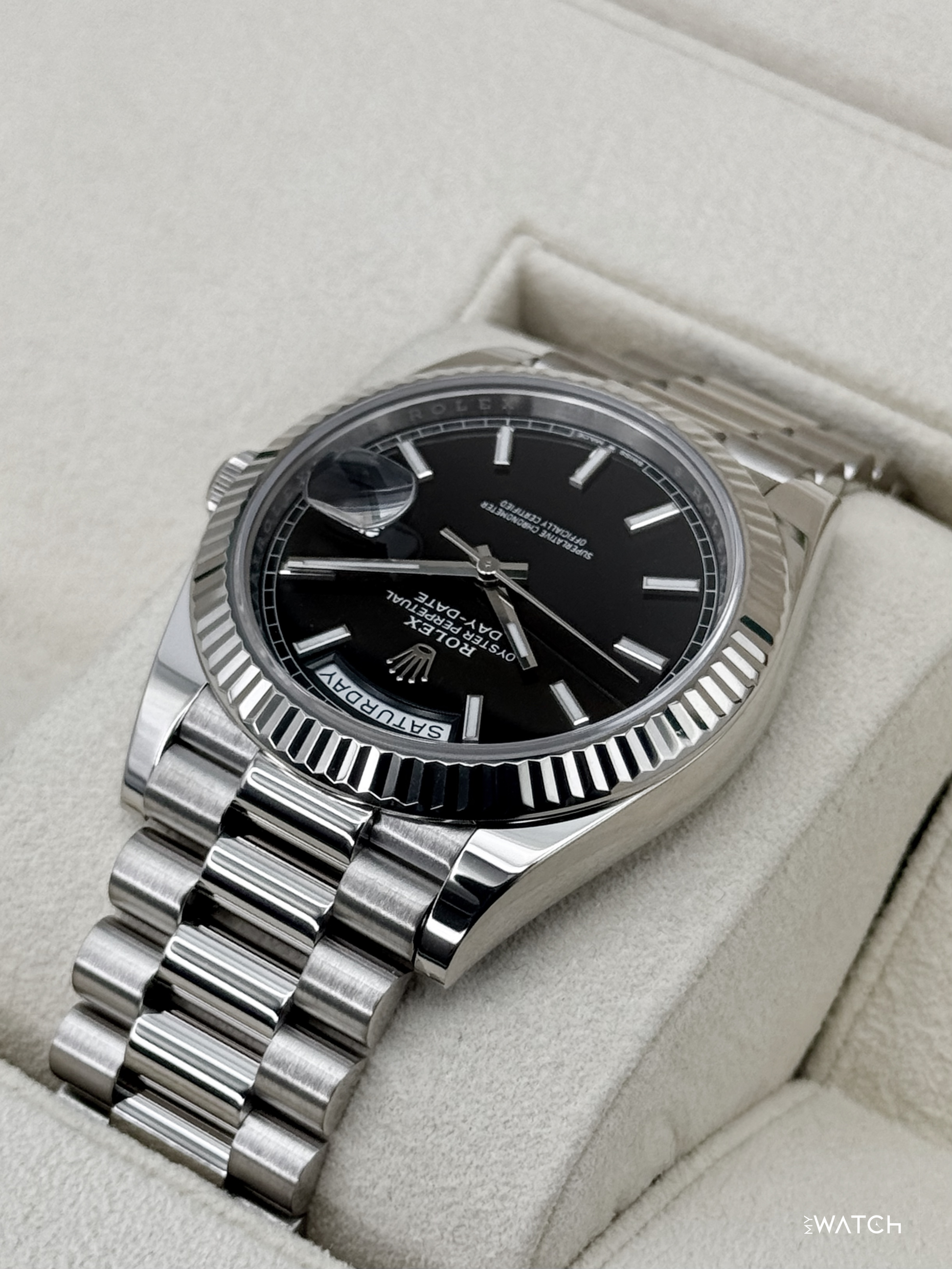2025 Rolex Day-Date 40mm 228239 Presidential 18kt White Gold Black Dial - MyWatchLLC