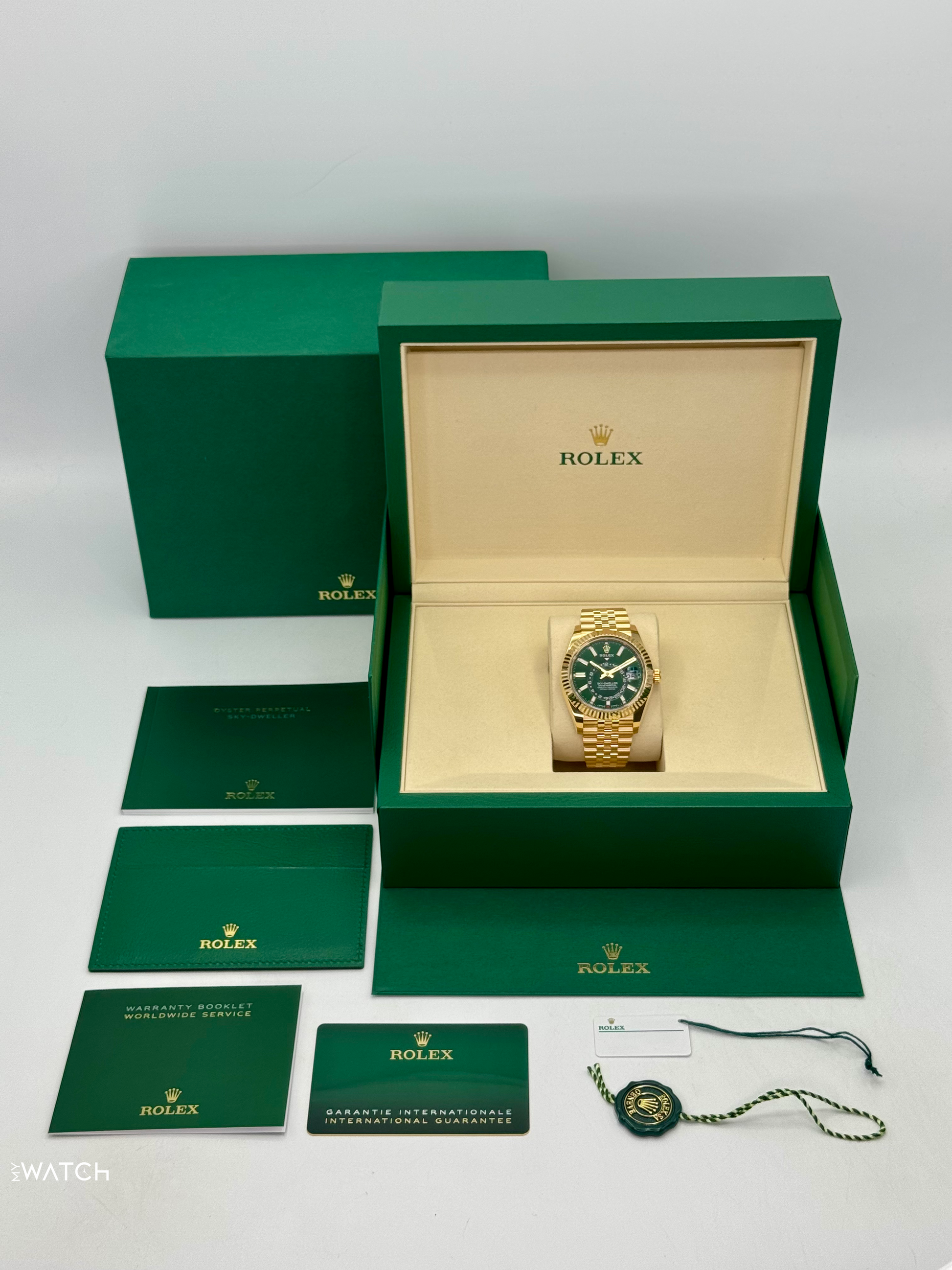 2025 Rolex Sky-Dweller 42mm 336938 Yellow Gold Jubilee Green Dial - MyWatchLLC