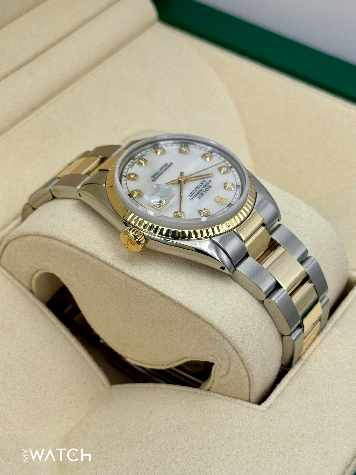 1972 Rolex Datejust 36mm 1601 Two-Tone Oyster Mother of Pearl Diamond Dial