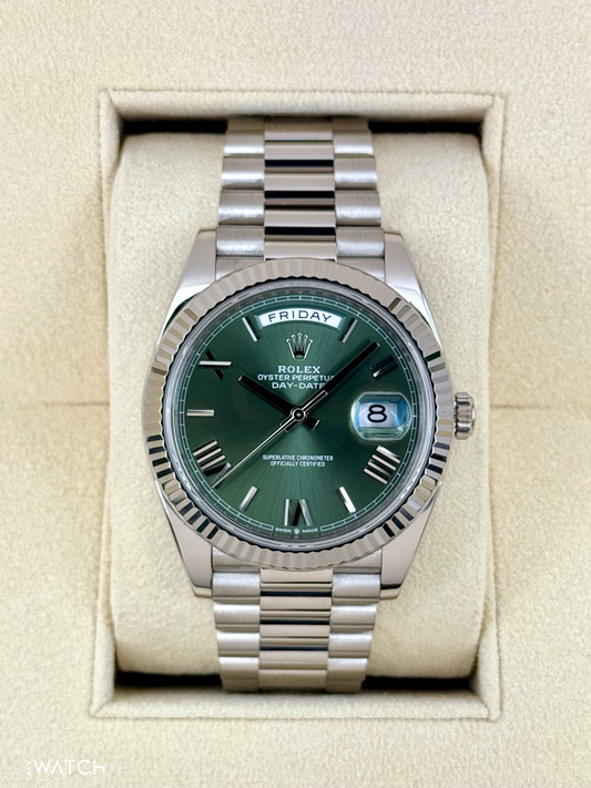 2022 Rolex Day-Date 40mm 228239 White Gold Olive Dial - MyWatchLLC