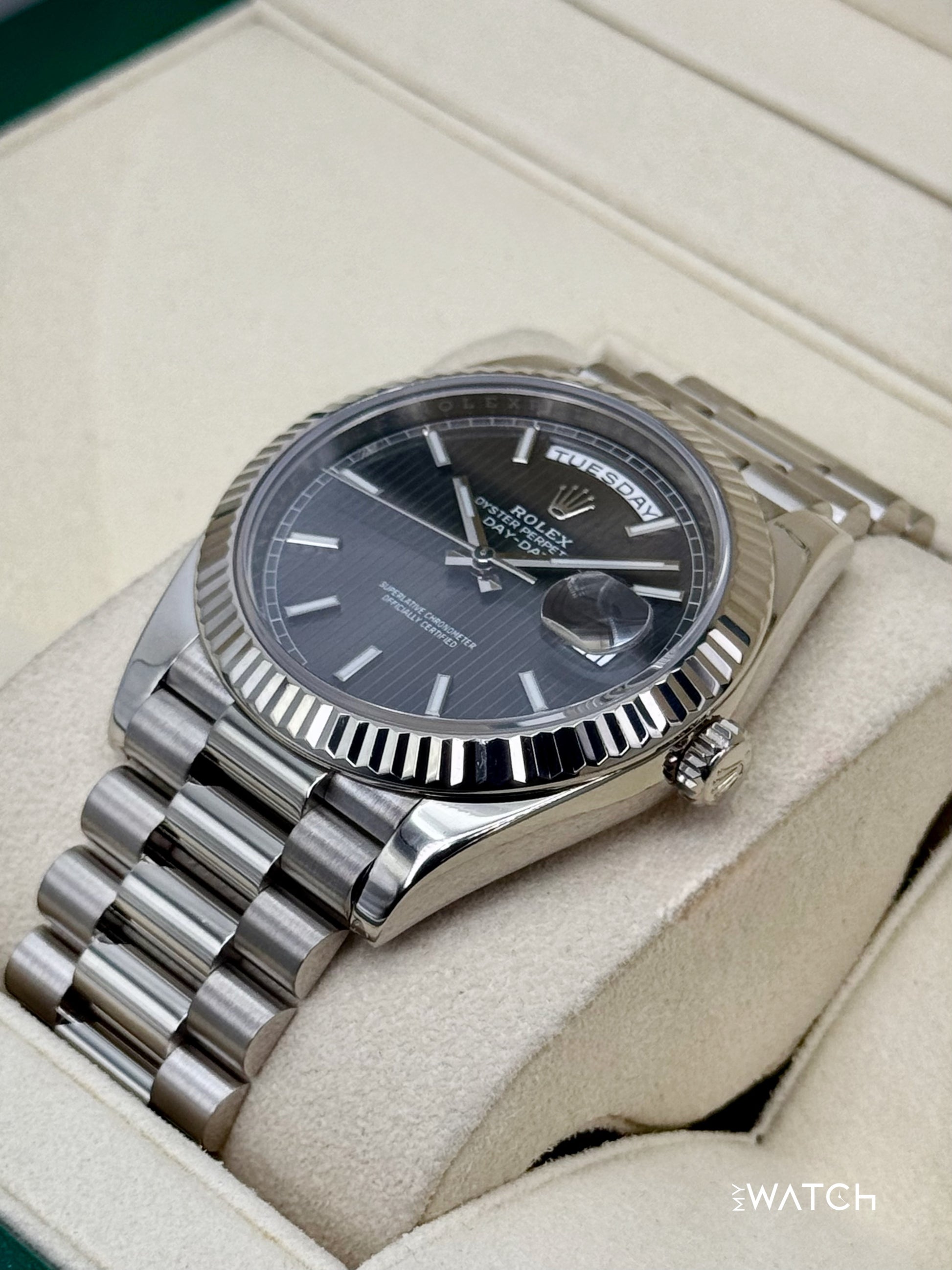 2020 Rolex Day-Date 40mm 228239 White Gold Rhodium Motif Dial - MyWatchLLC