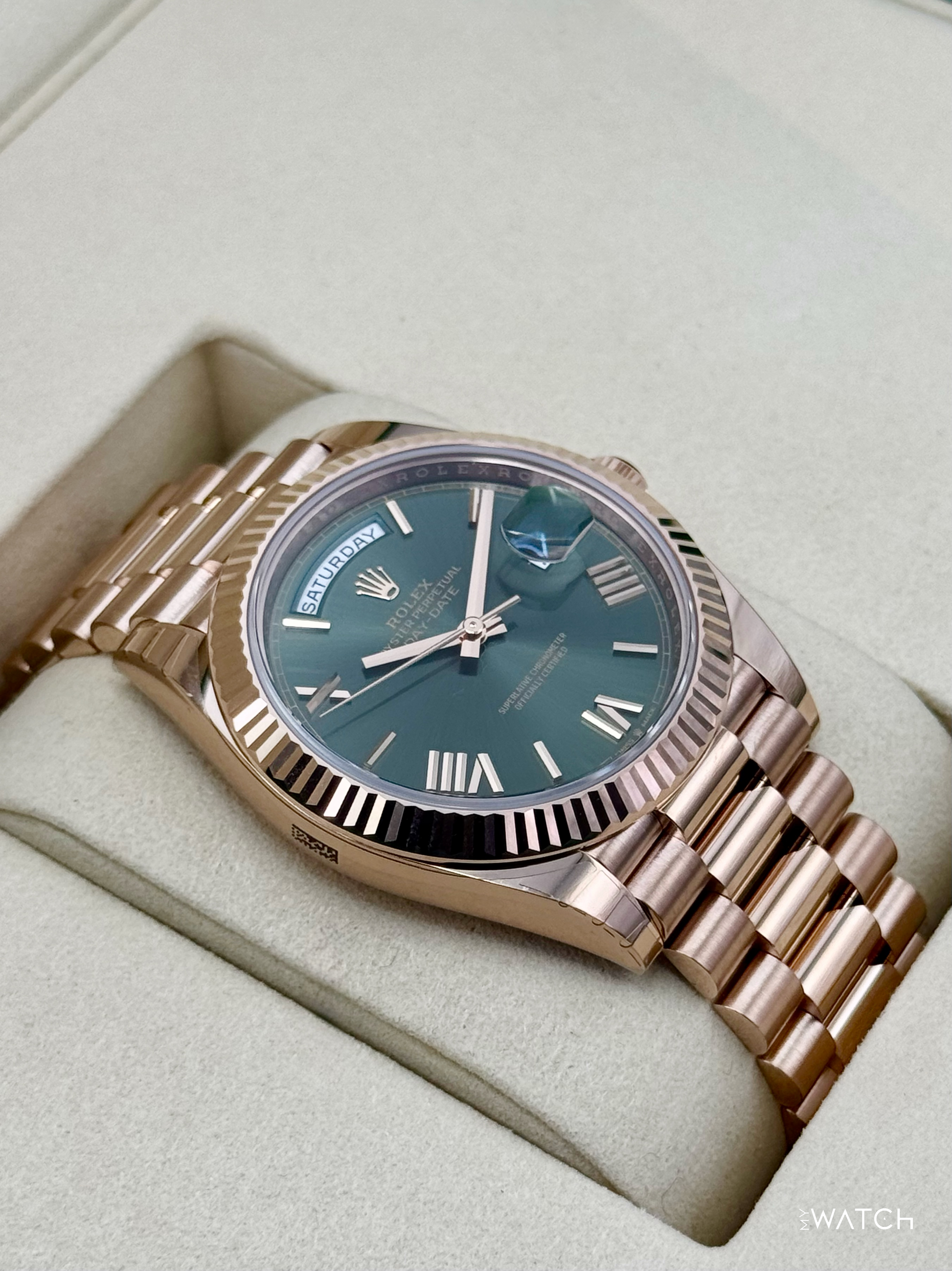 NEW 2025 Rolex Day-Date 40mm 228235 Presidential Rose Gold Olive Green Dial (STICKERED) - MyWatchLLC