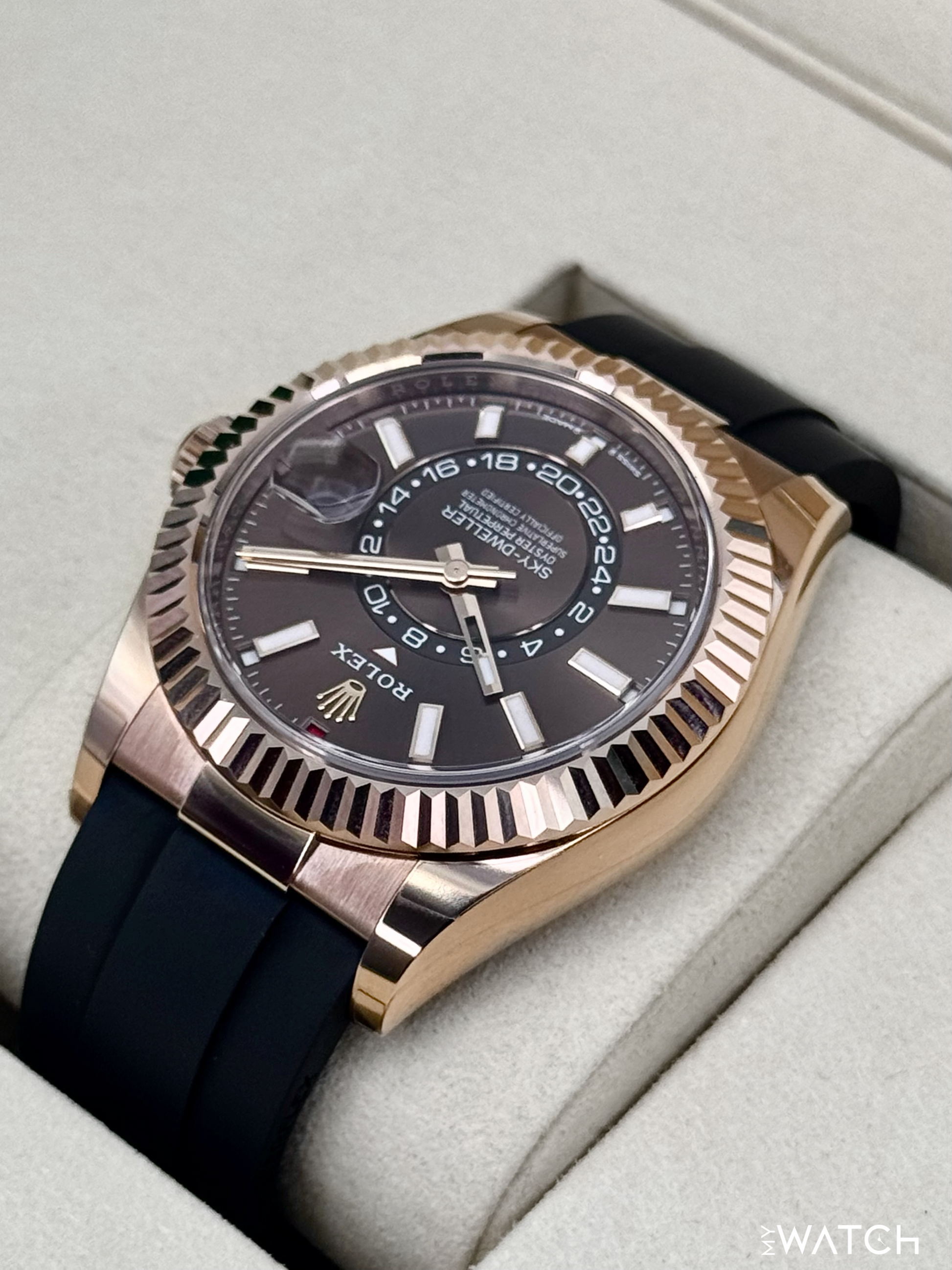 2025 Rolex Sky-Dweller 42mm 336235 Rose Gold Oysterflex Chocolate Dial - MyWatchLLC