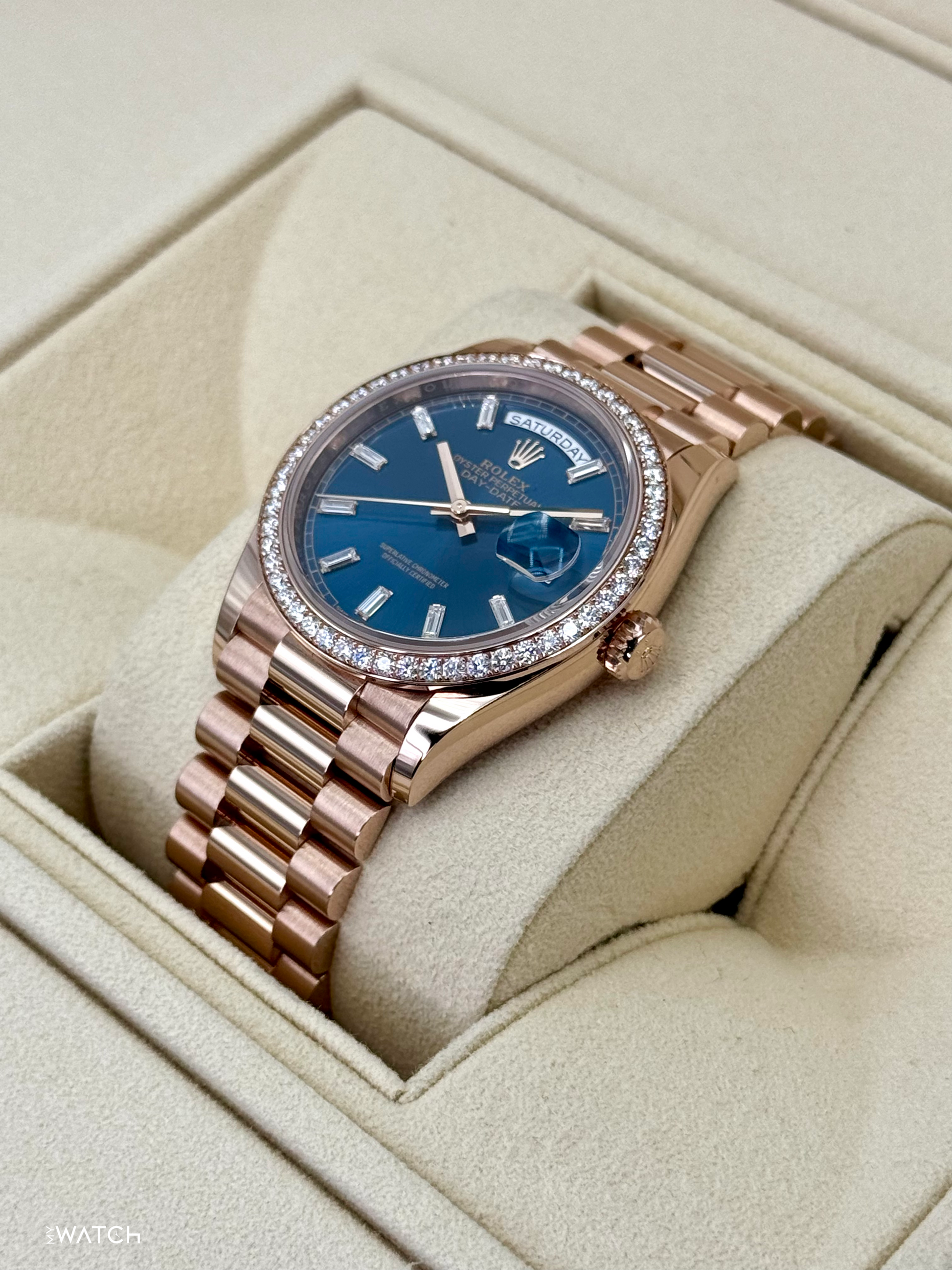 NEW 2025 Rolex Day-Date 36mm 128345RBR Rose Gold Blue Baguette Dial - MyWatchLLC