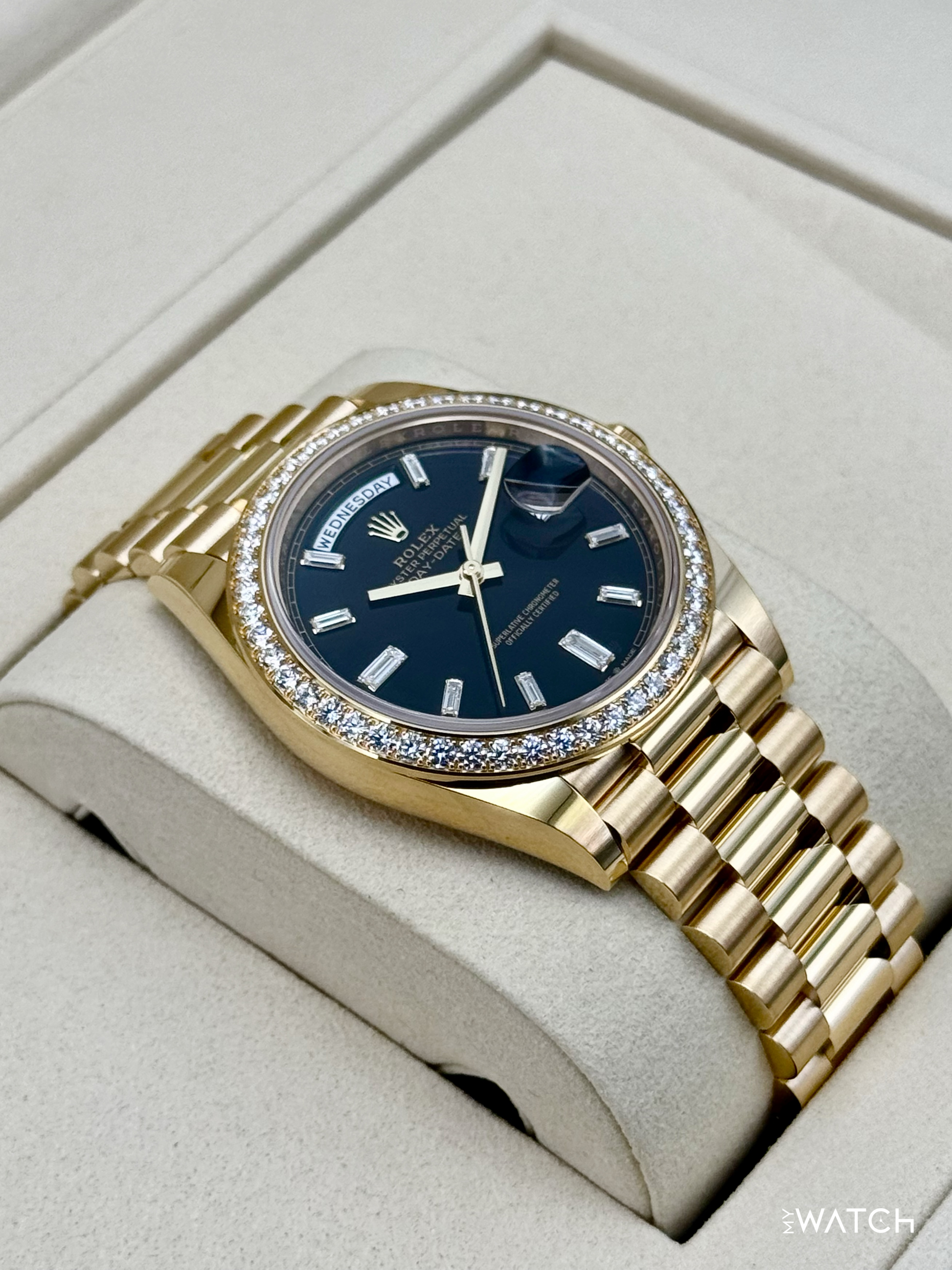 NEW 2026 Rolex Day-Date 40mm 228348RBR Black Diamond Baguette Dial - MyWatchLLC