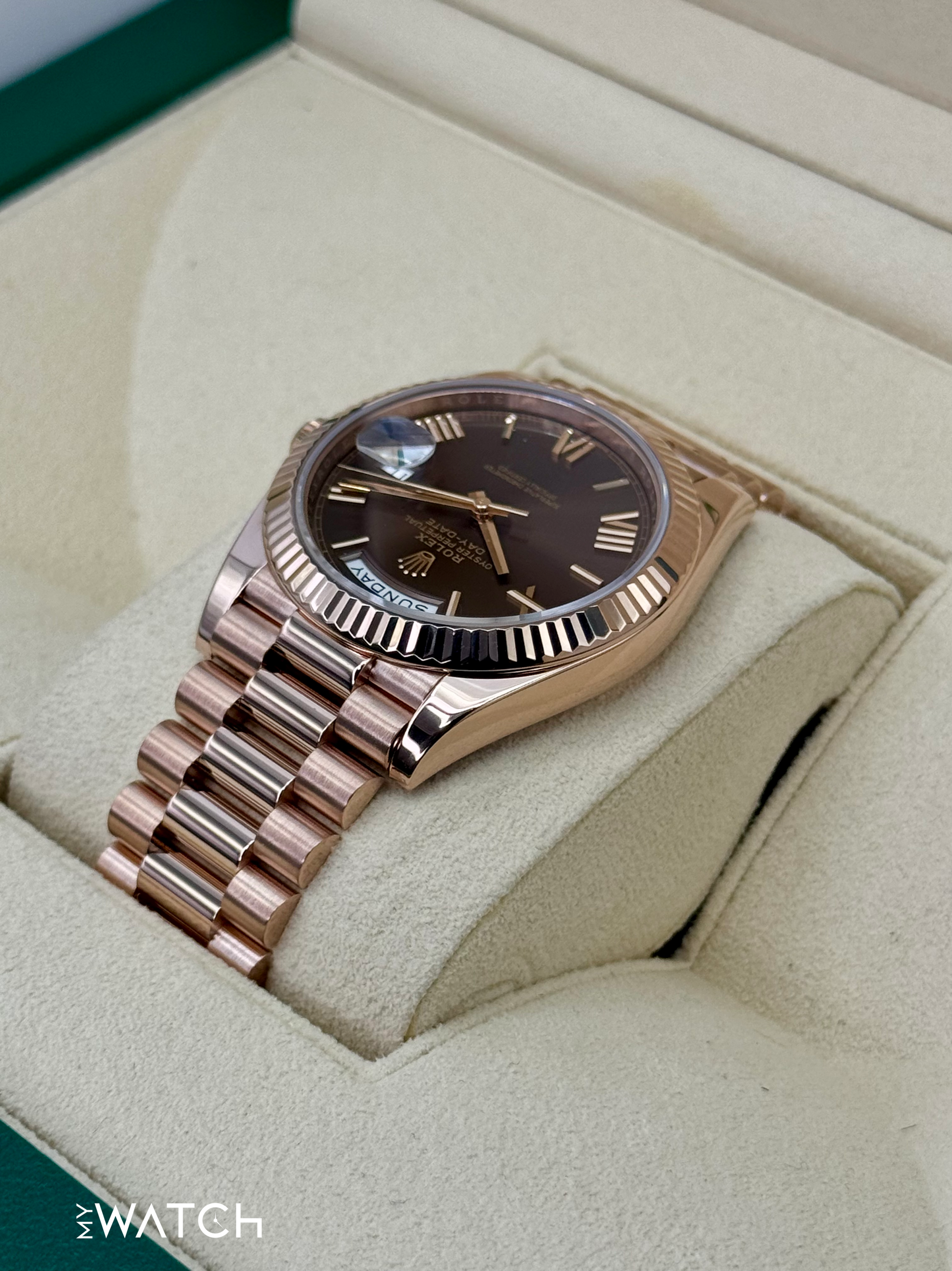 2023 Rolex Day-Date 40mm 228235 Presidential Rose Gold Chocolate Dial - MyWatchLLC
