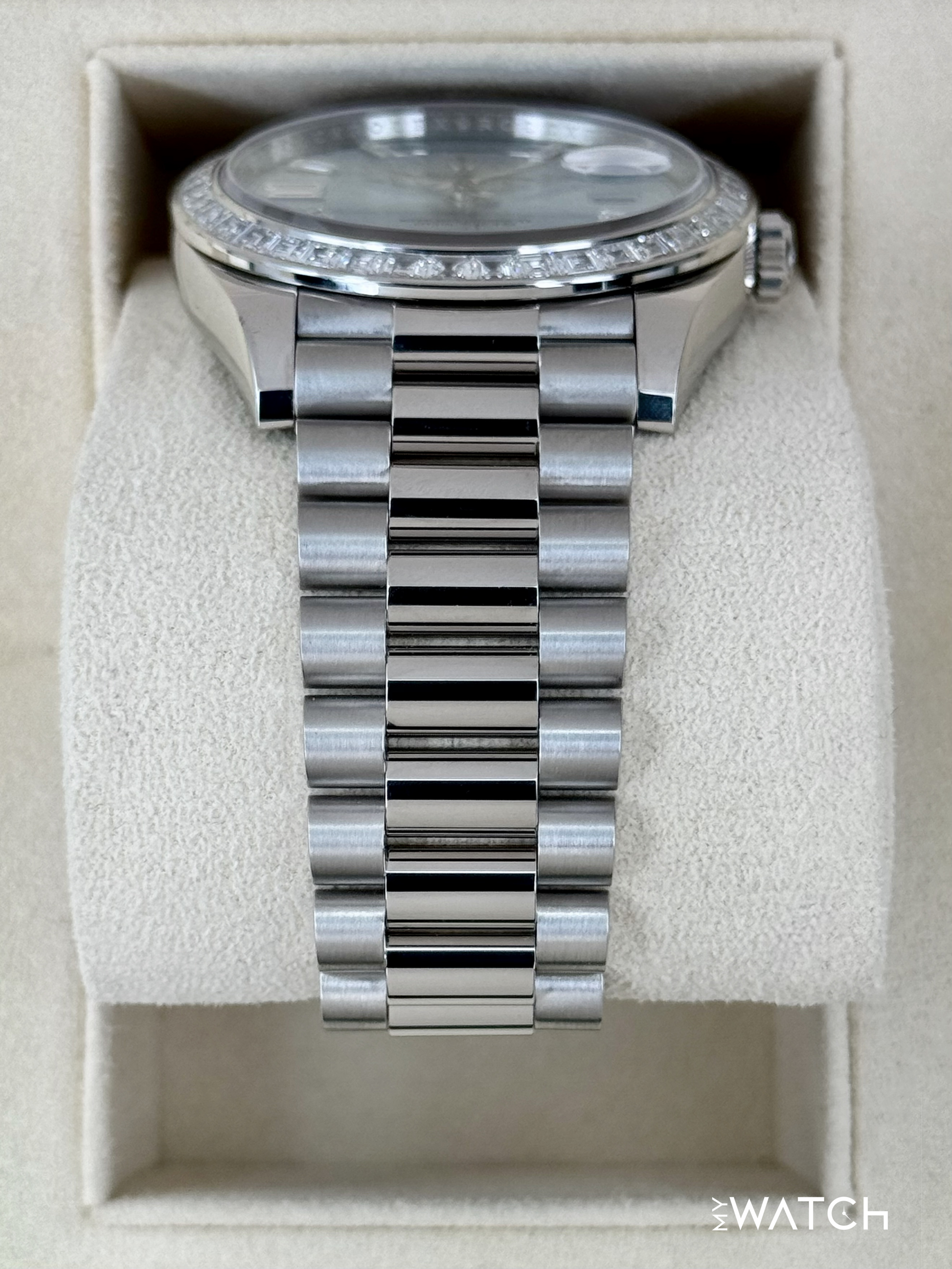 2023 Rolex Day-Date 40mm 228396TBR Ice Blue Diamond Baguette Dial - MyWatchLLC