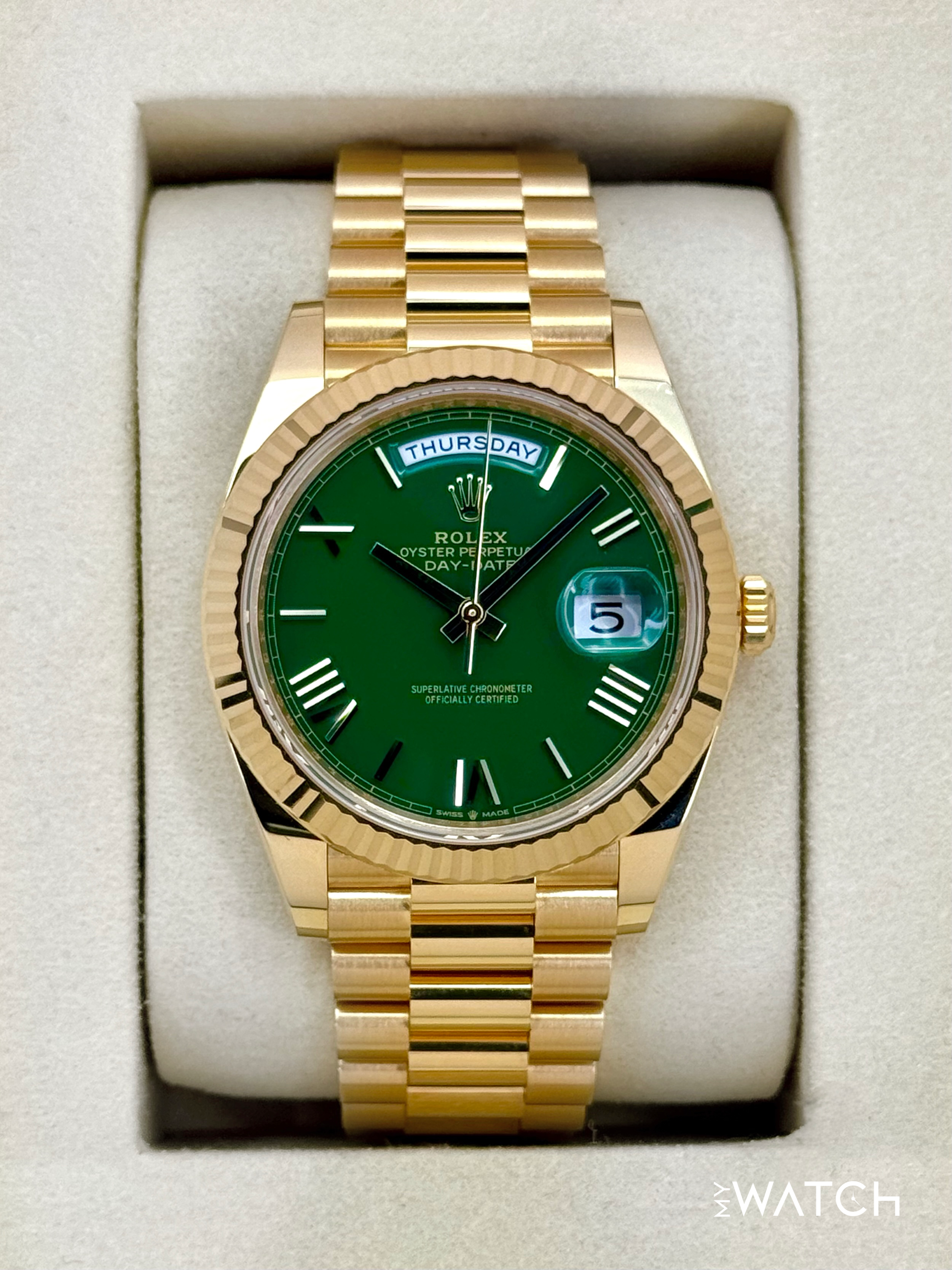 2025 Rolex Day-Date 40mm 228238 Presidential Yellow Gold Green Dial