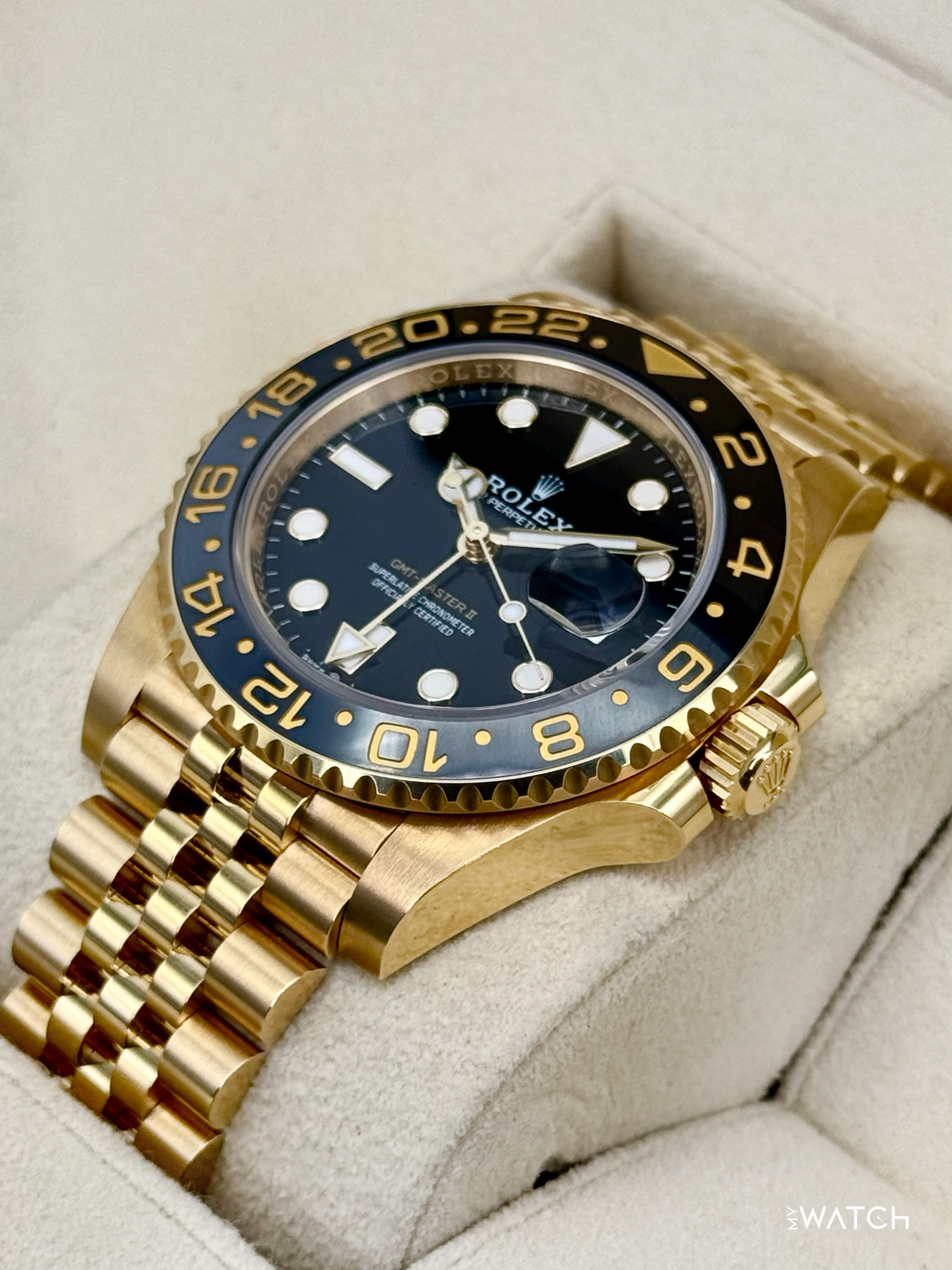 2023 Rolex GMT-Master II 40mm 126718GRNR Yellow Gold Jubilee Black Dial - MyWatchLLC