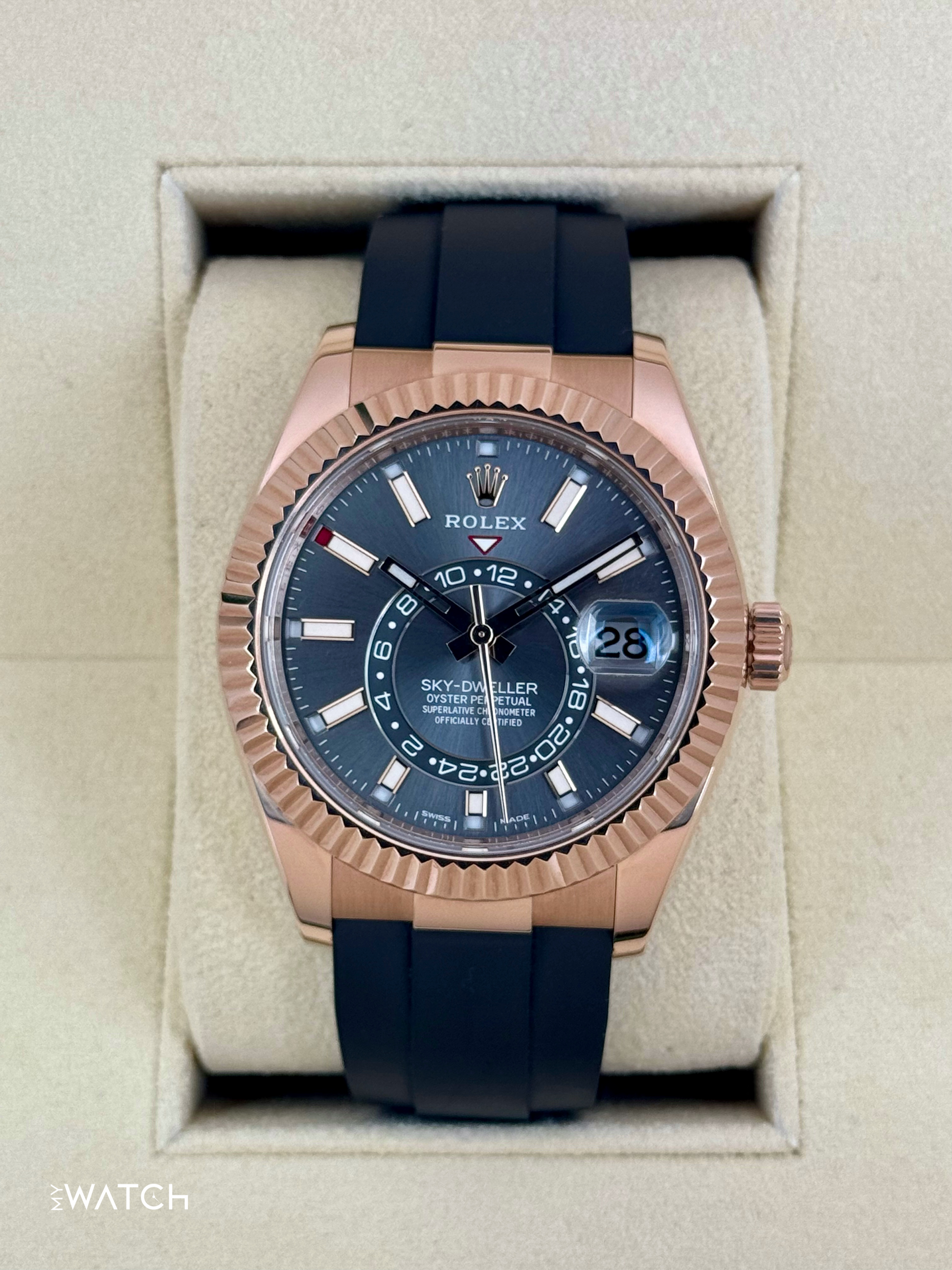 2021 Rolex Sky-Dweller 42mm 326235 Rose Gold Oysterflex Rhodium Dial - MyWatchLLC