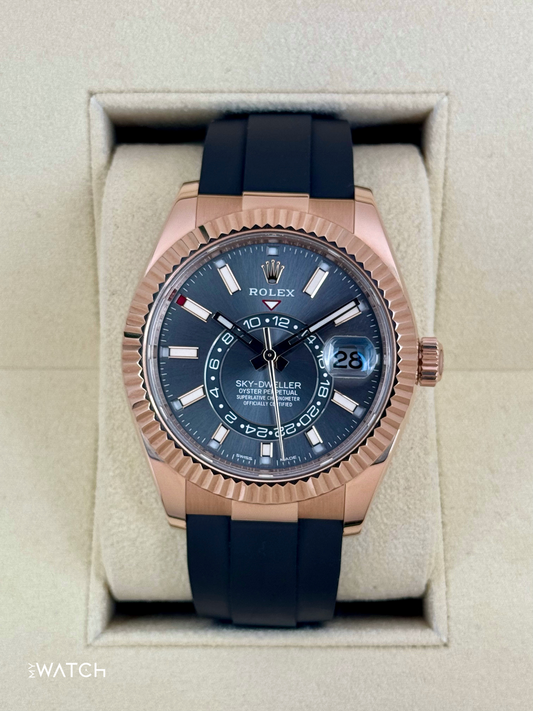 2021 Rolex Sky-Dweller 42mm 326235 Rose Gold Oysterflex Rhodium Dial - MyWatchLLC
