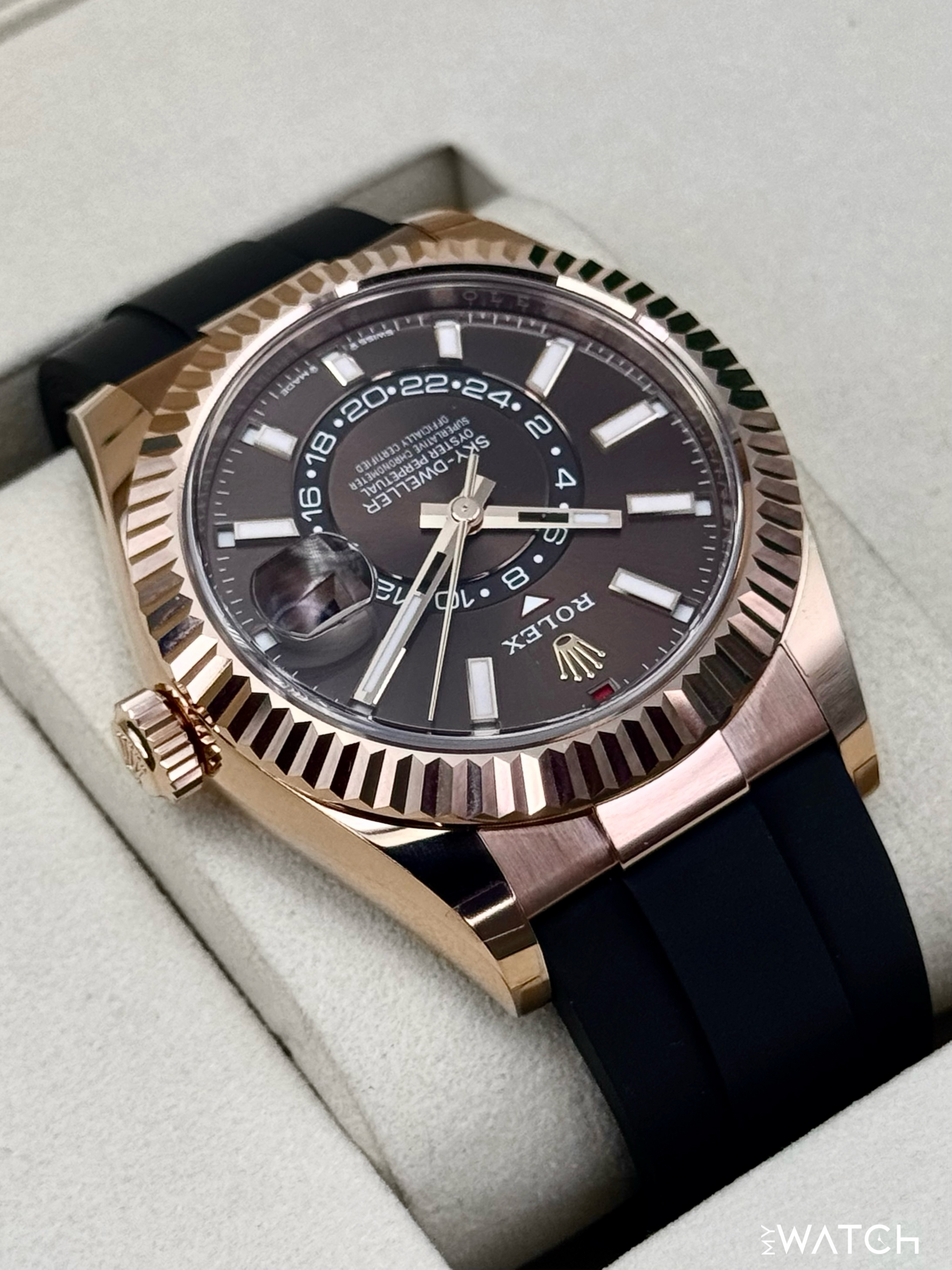 2025 Rolex Sky-Dweller 42mm 336235 Rose Gold Oysterflex Chocolate Dial - MyWatchLLC