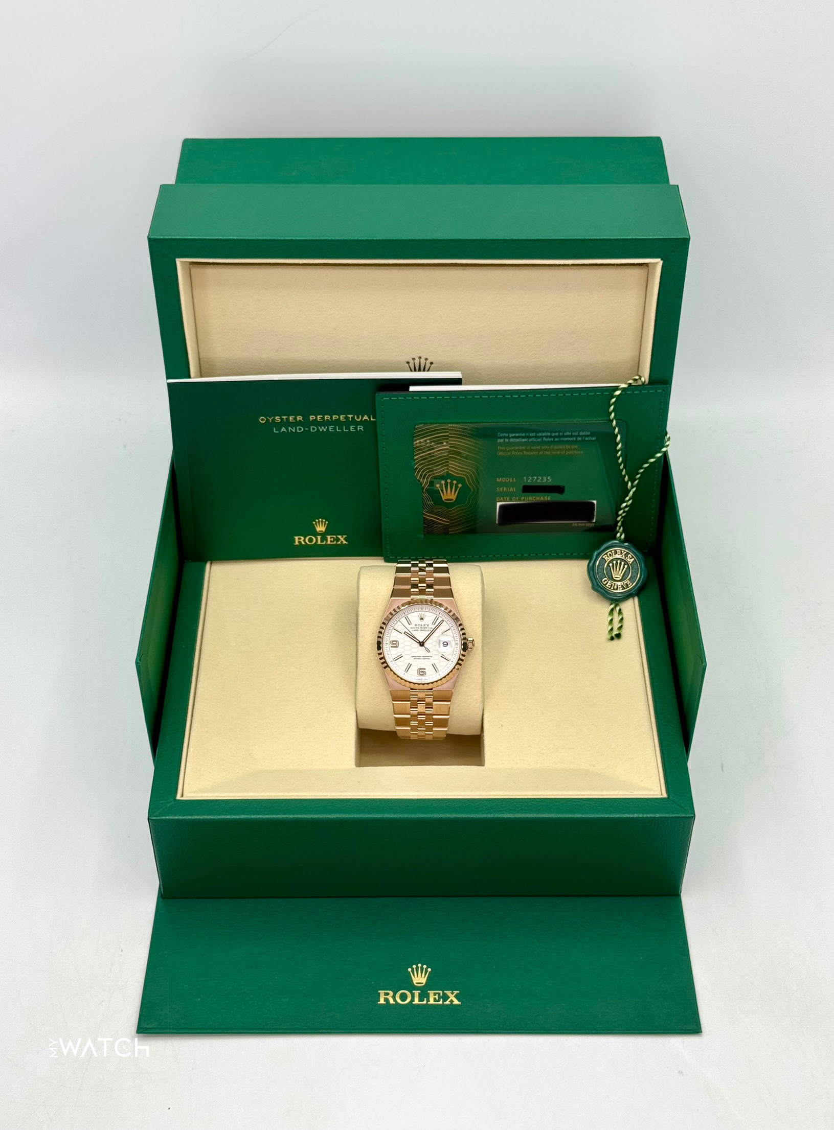 2025 Rolex Land-Dweller 36mm 127235 Rose Gold Flat Jubilee White Dial - MyWatchLLC