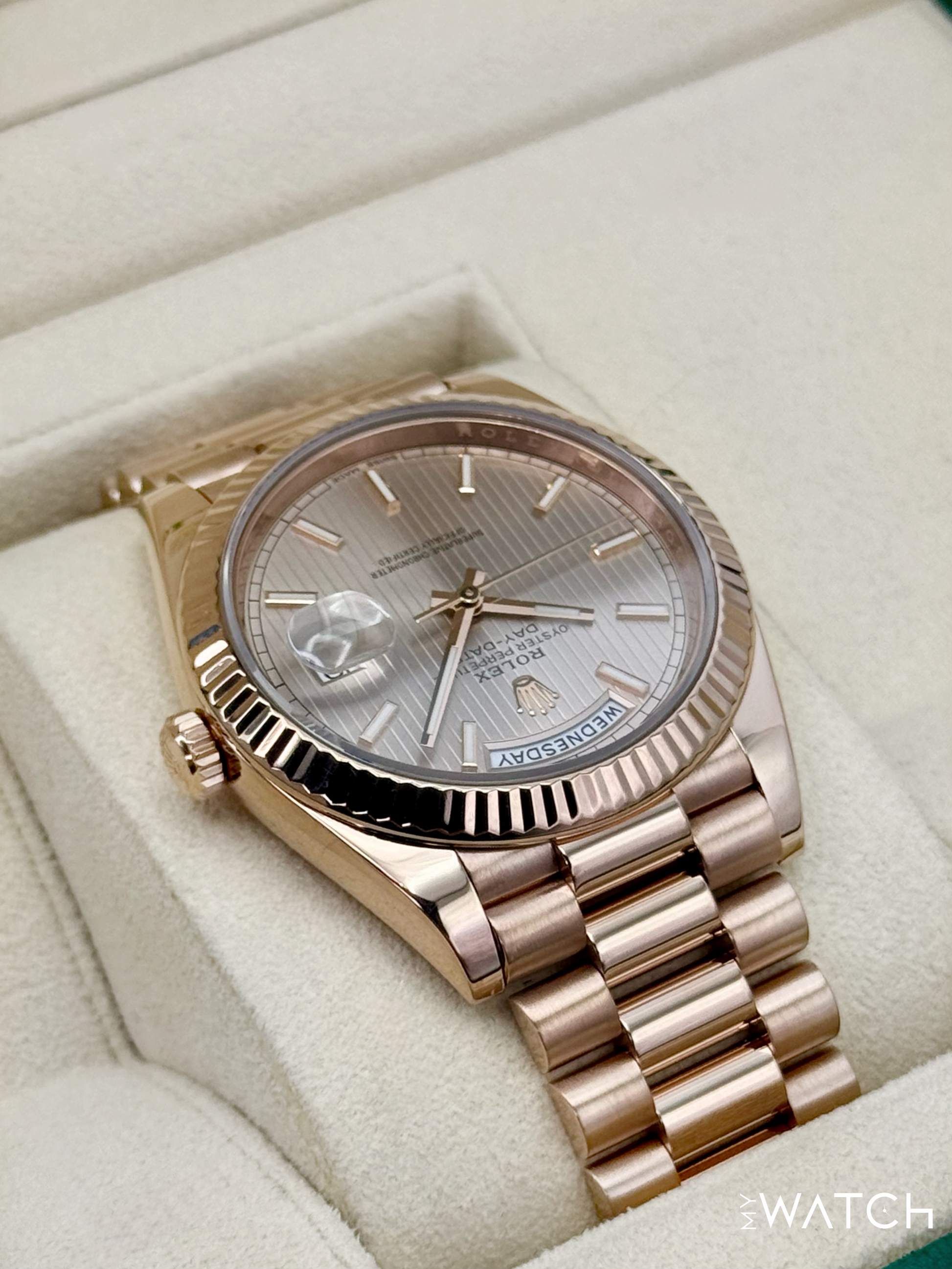 2018 Rolex Day-Date 40mm 228235 Presidential Rose Gold Stripe Motif Dial - MyWatchLLC