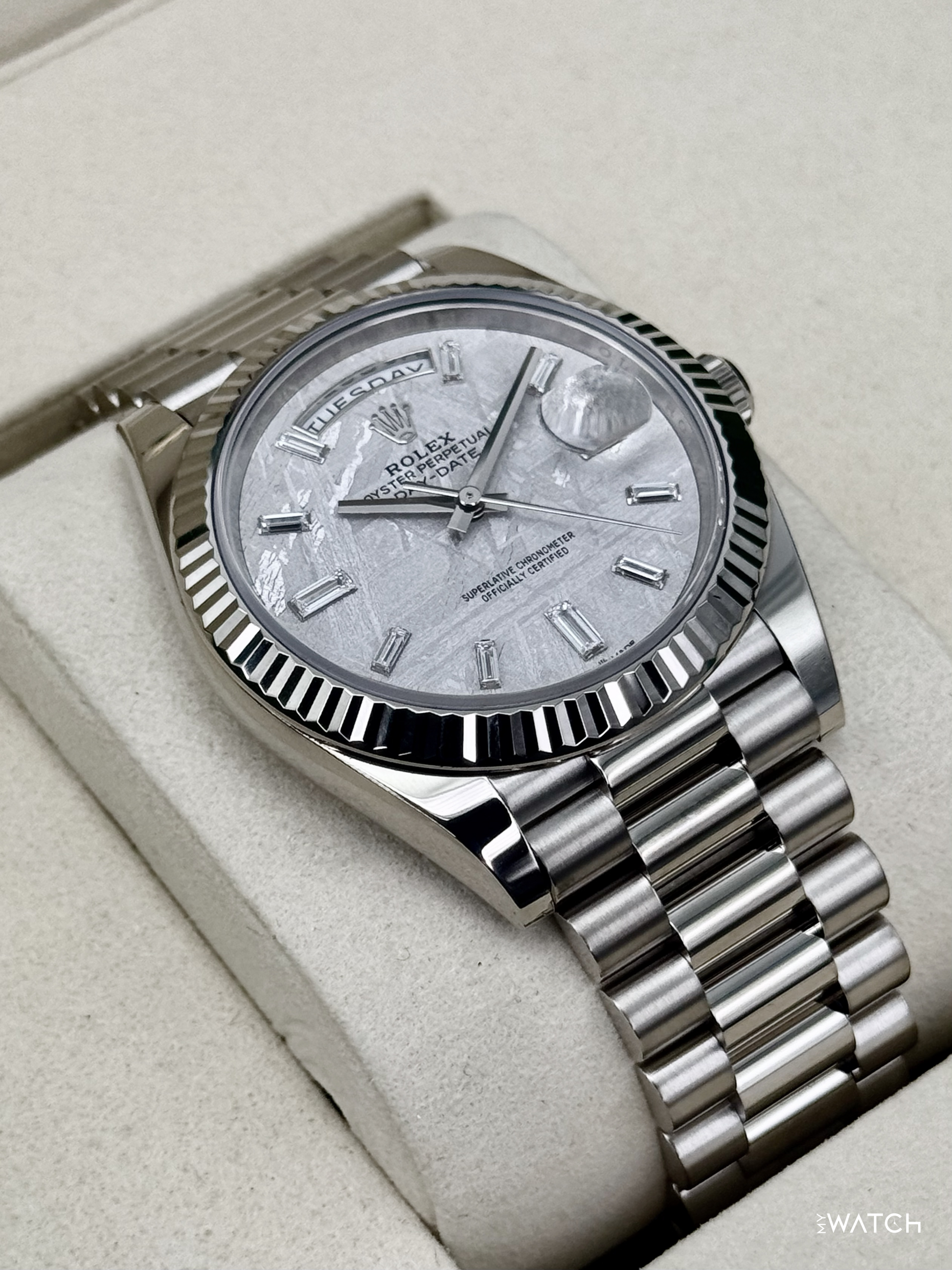 NEW 2026 Rolex Day-Date 40mm 228239 Presidential White Gold Meteorite Diamond Dial - MyWatchLLC