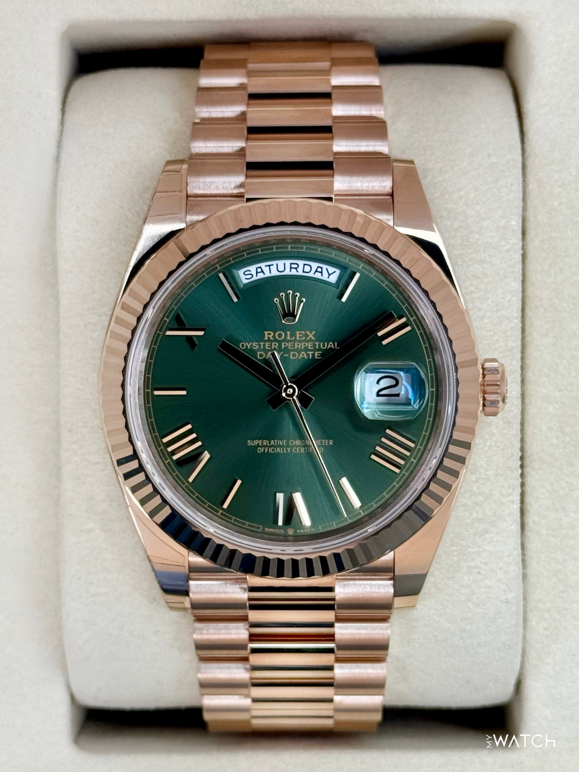 NEW 2025 Rolex Day-Date 40mm 228235 Presidential Rose Gold Olive Green Dial (STICKERED) - MyWatchLLC