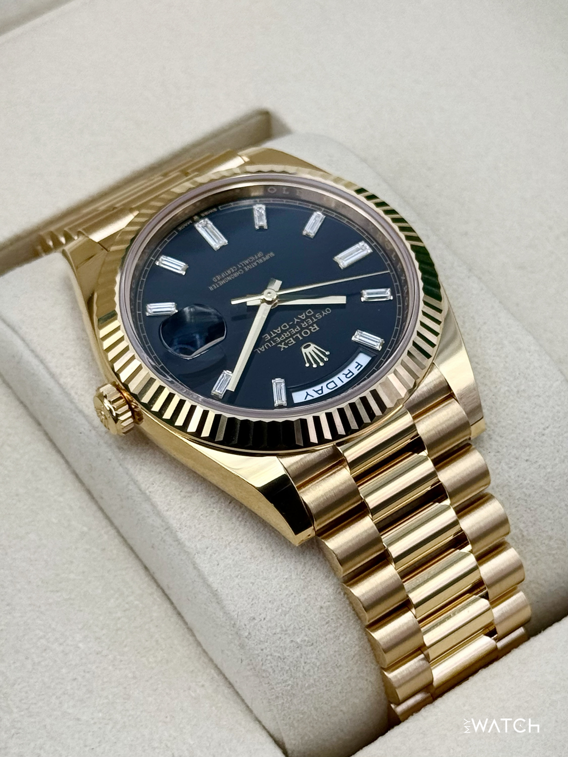 NEW 2026 Rolex Day-Date 40mm 228238 Yellow Gold Black Diamond Dial - MyWatchLLC
