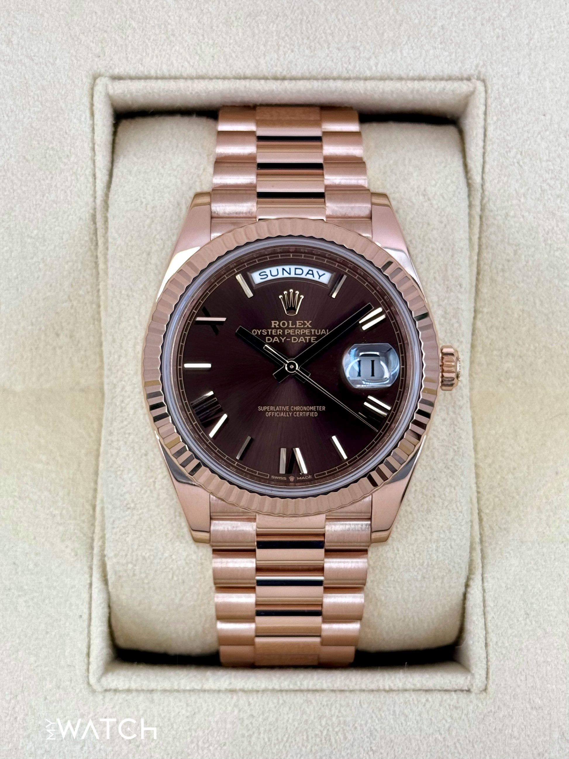 2023 Rolex Day-Date 40mm 228235 Presidential Rose Gold Chocolate Dial - MyWatchLLC