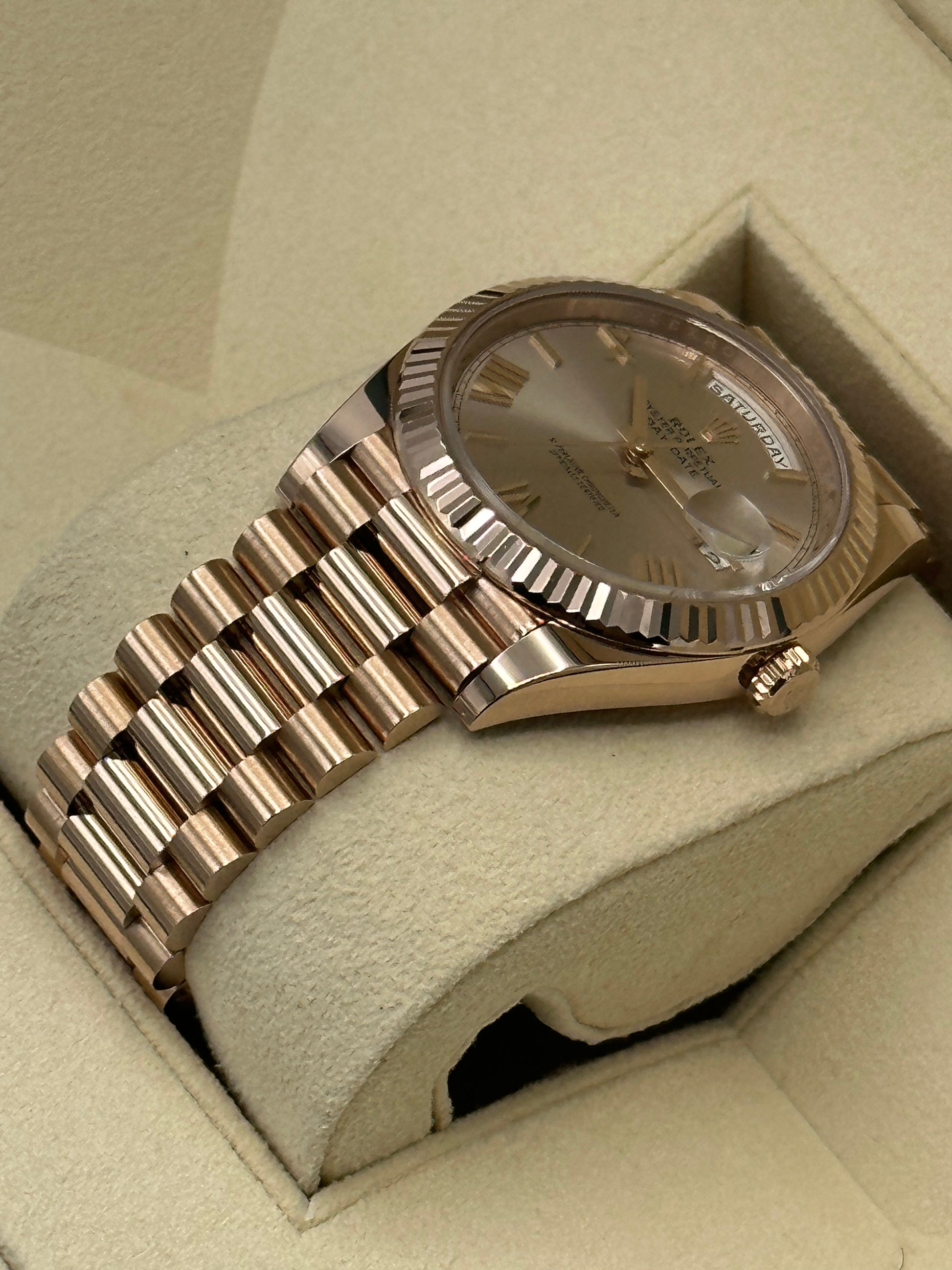 2021 Rolex Day-Date 40mm 228235 Rose Gold Sundust Roman Numeral Dial - MyWatchLLC