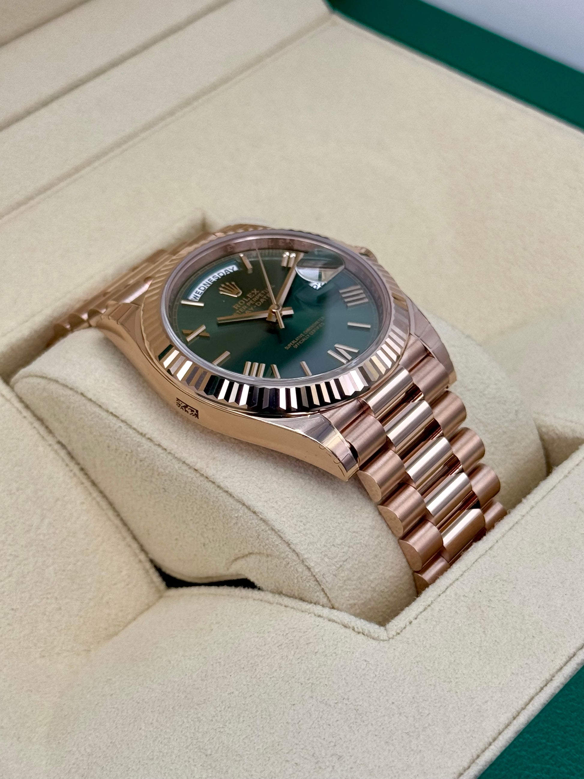 NEW 2025 Rolex Day-Date 40mm 228235 Presidential Rose Gold Olive Dial - MyWatchLLC