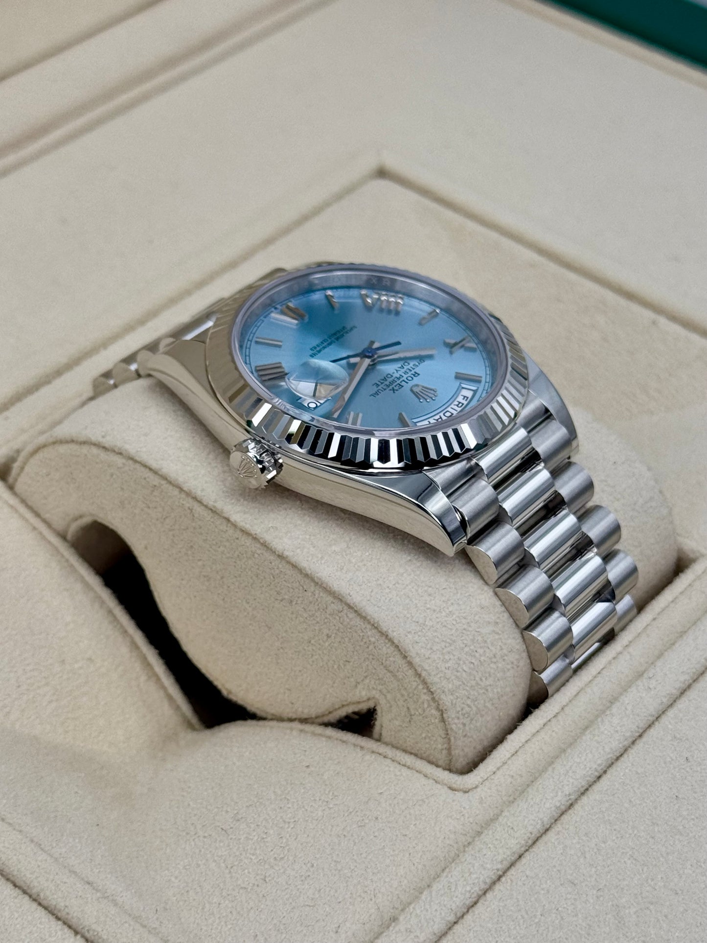 NEW 2024 Rolex Day-Date Platinum 40mm 228236 Ice-Blue Roman Dial - MyWatchLLC