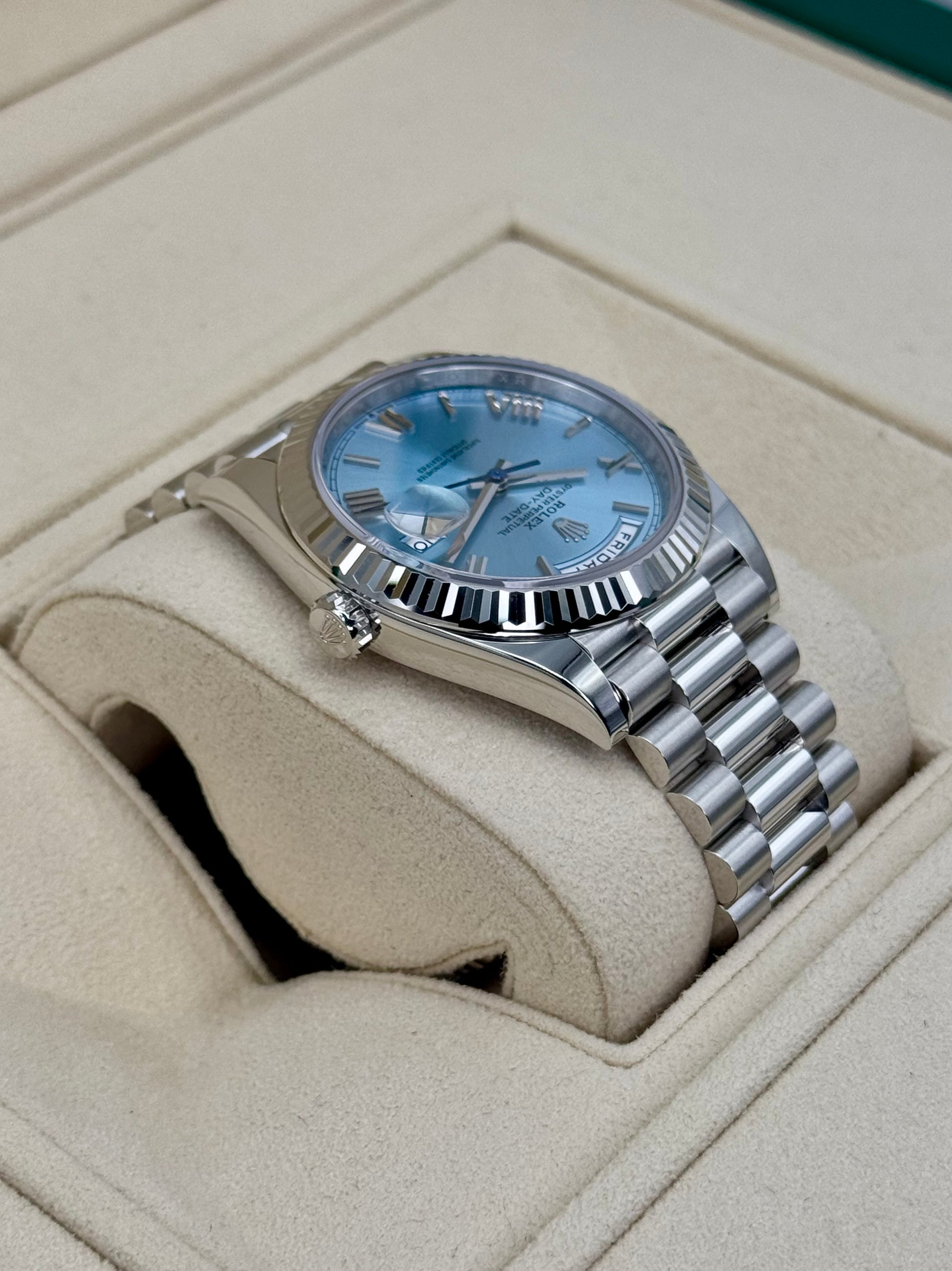 NEW 2024 Rolex Day-Date Platinum 40mm 228236 Ice-Blue Roman Dial - MyWatchLLC
