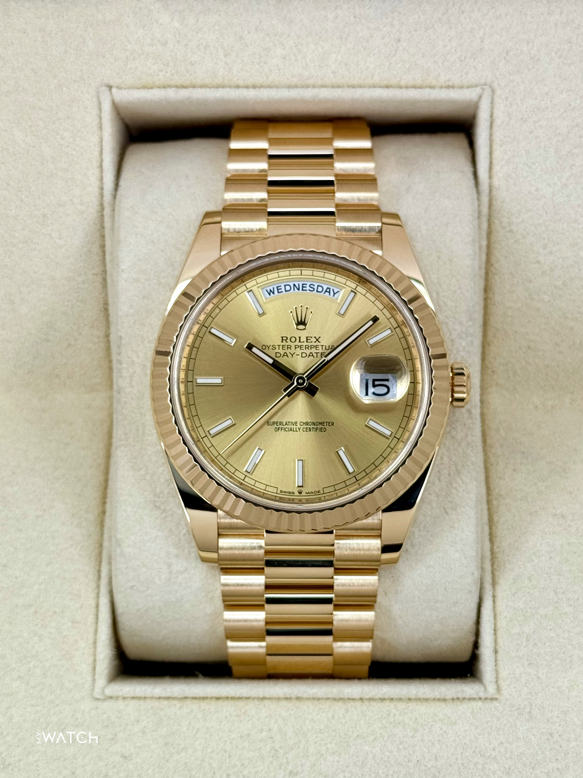 2020 Rolex Day-Date 40mm 228238 Champagne Stick Dial - MyWatchLLC