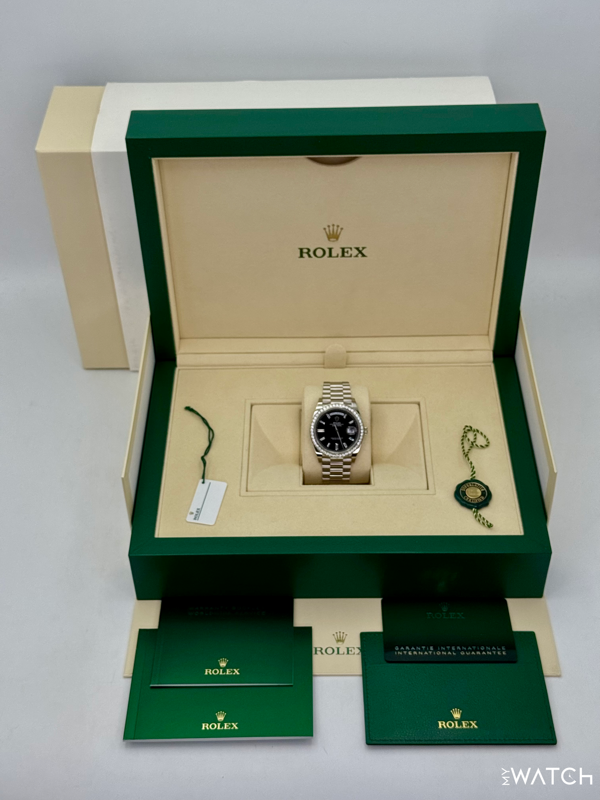 2023 Rolex Day-Date 40mm 228349RBR Presidential Black Diamond Baguette Dial - MyWatchLLC